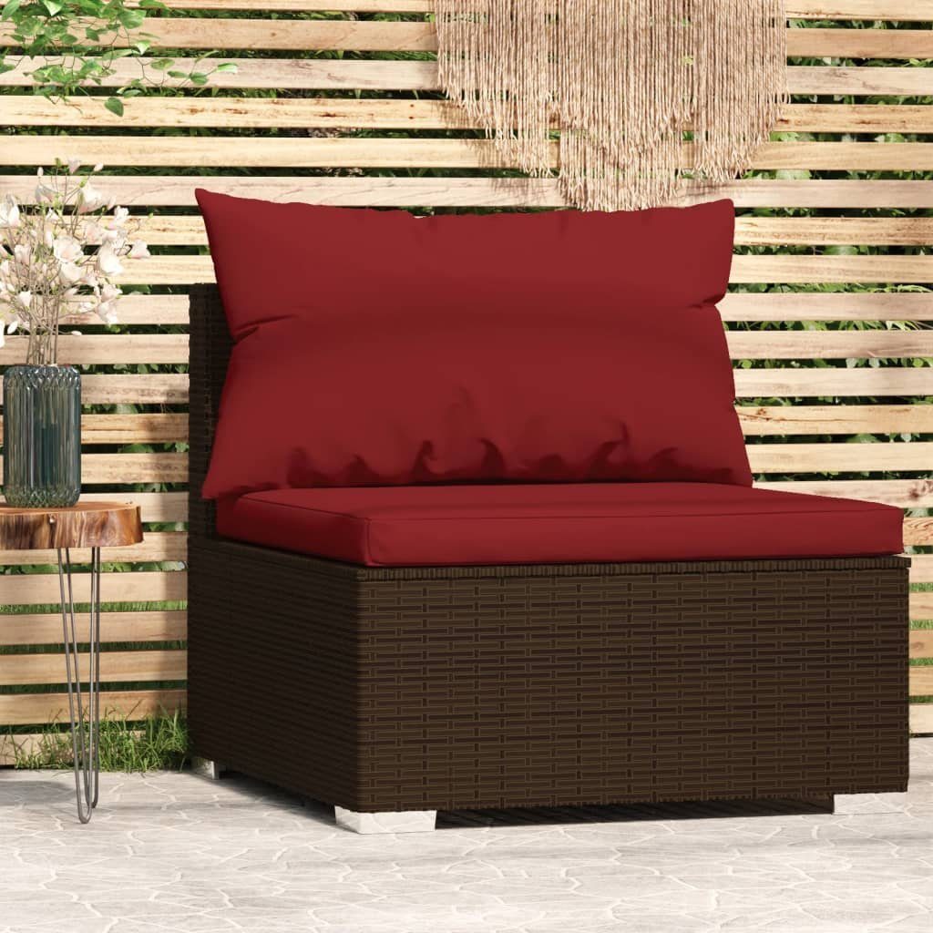 vidaXL Loungesofa Garten-Mittelsofa mit Kissen Braun Poly Rattan, 1 Teile Braun und Zimtrot