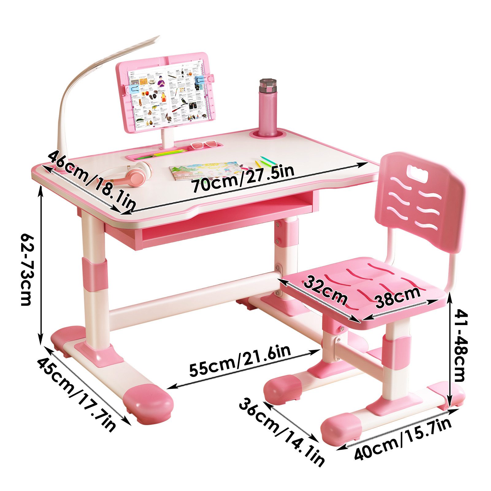 Rutaqian Kinderschreibtisch Kinderschreibtisch höhenverstellbar, Schreibtisch Kinder mit Stuhl (Höhenverstellbarer Ergonomischer Schreibtisch-Stuhl Set), Kinderschreibtisch-Stuhlset mit Tischlampe für Jungs und Mädchen