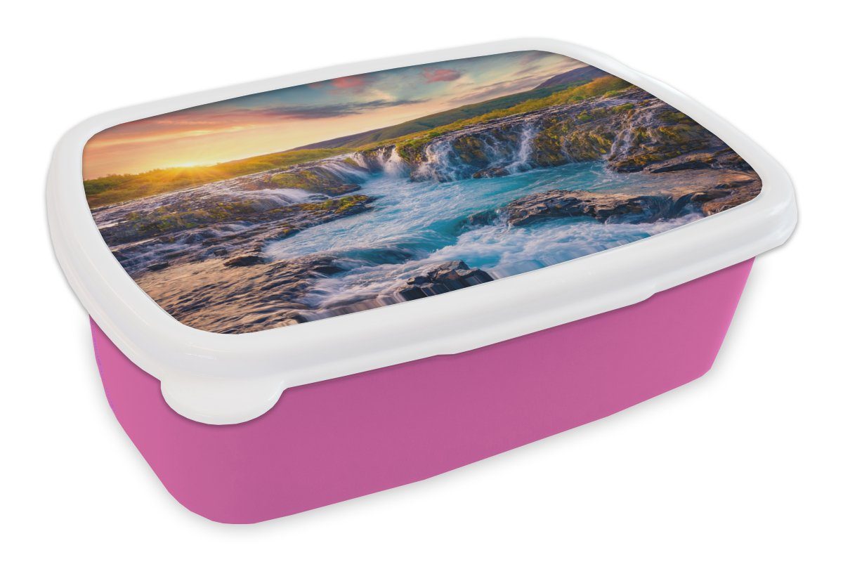 MuchoWow Lunchbox Wasserfall - Pflanzen - Moos - Landschaft - Sonnenuntergang - Fels, Kunststoff, (2-tlg), Brotbox für Erwachsene, Brotdose Kinder, Snackbox, Mädchen, Kunststoff rosa
