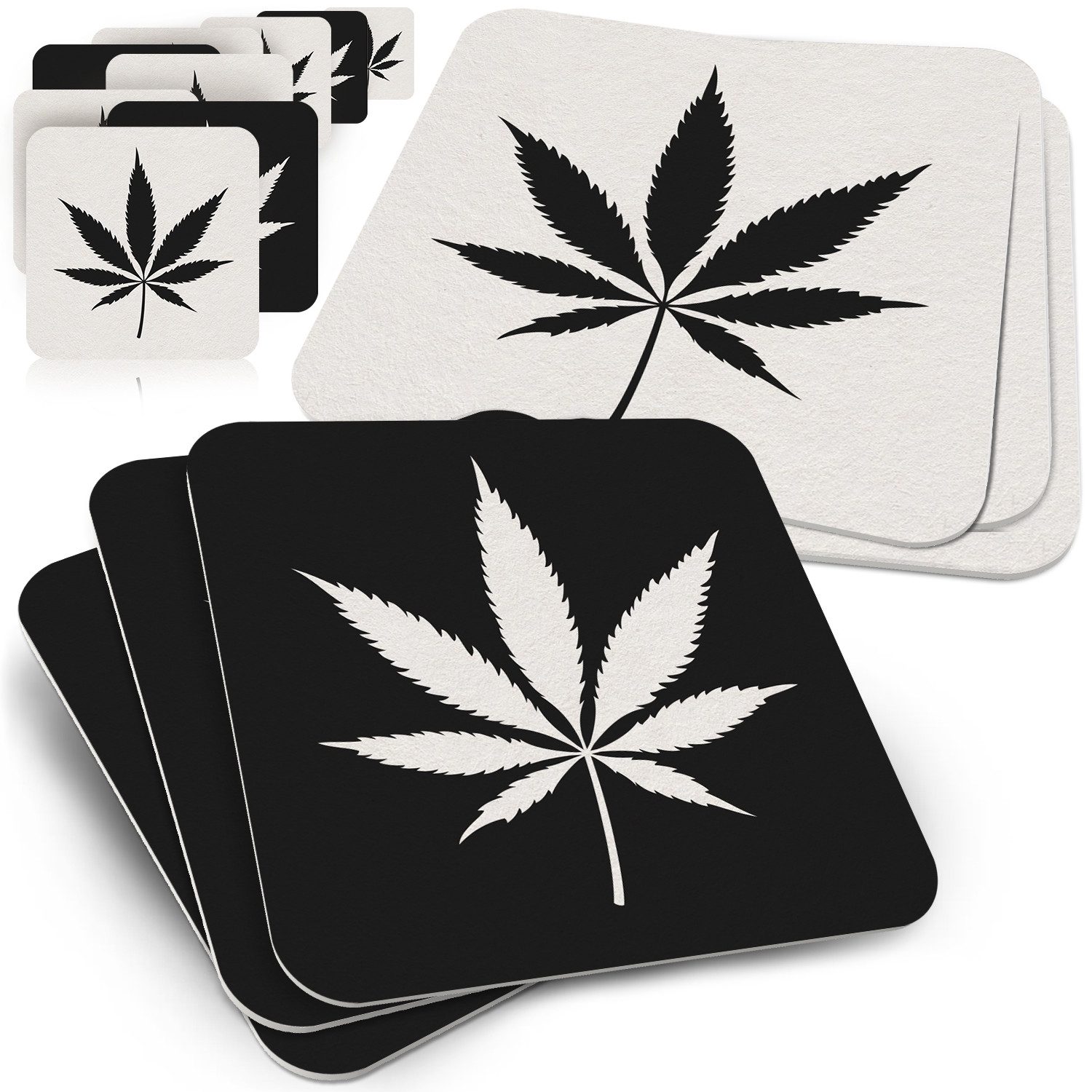Bierdeckel Cannabis-Blatt - 50er Set in Schwarz-Weiß, kiffen