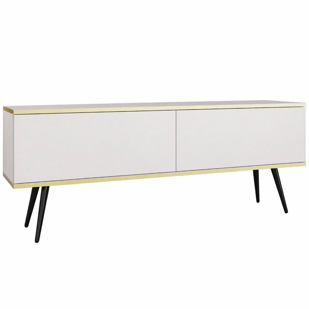 Lomadox Lowboard OLOVO-160, Weiß, goldfarbene Akzente, 135 cm breit, grifflos, Metallfüße Schwarz