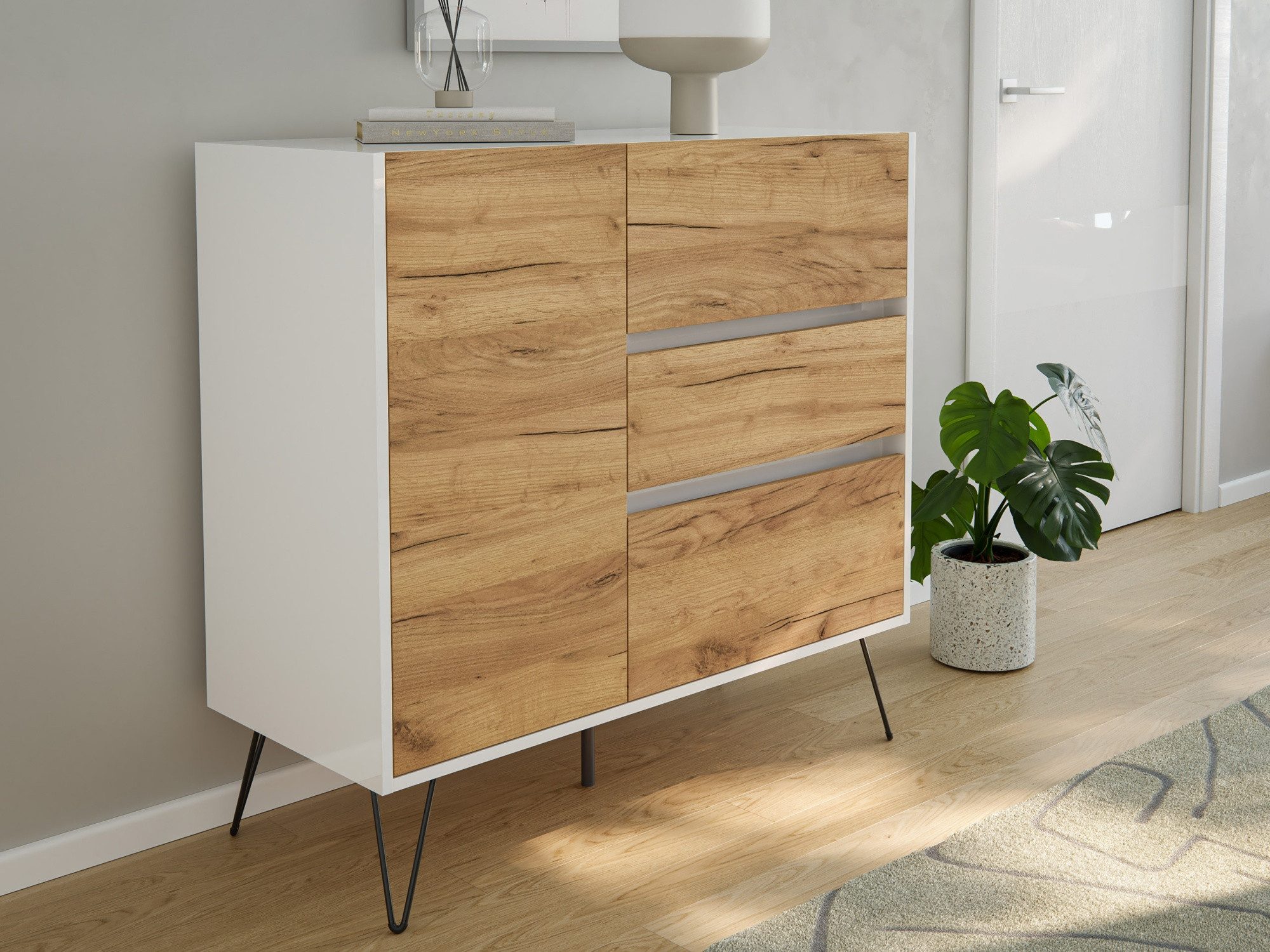 Magnolia Home Kommode Sideboard Kommode Altan 100cm Greifraum 3 SoftClose 1 Tür Weiß/Eiche F