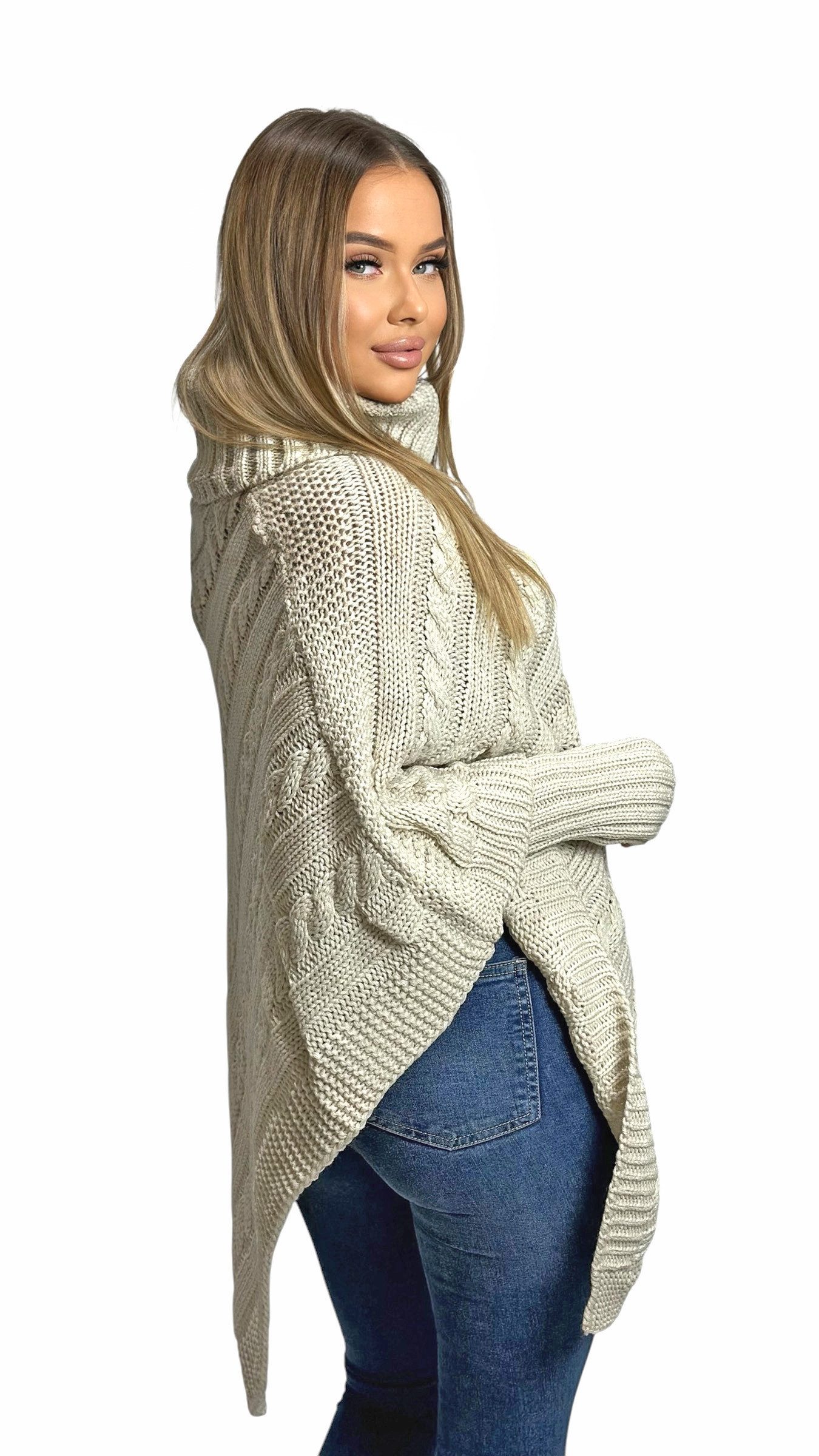Mississhop Strickponcho Poncho Strick Sweatshirt Pullover Umhang Überwurf mit Stulpen 3012
