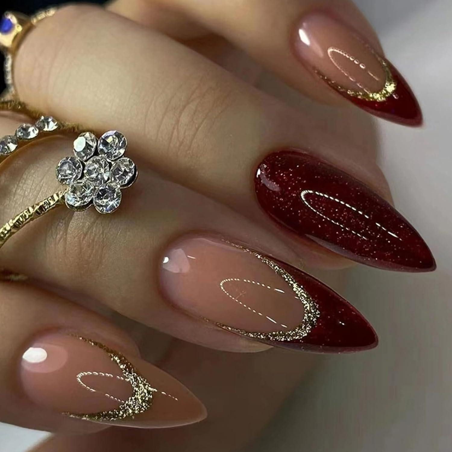 Kunstfingernägel 24 Stück Mandel Nägel Weinrot Stiletto Glänzend Press on Nails