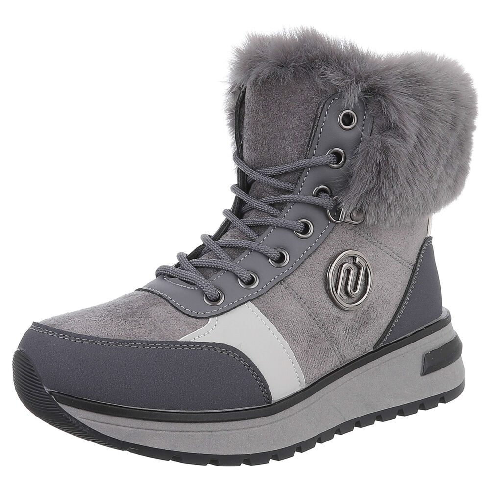 Ital-Design Damen Winterboots mit Futter und modischem Design Schnürstiefelette (90417757) Keilabsatz/Wedge Stiefeletten in Grau