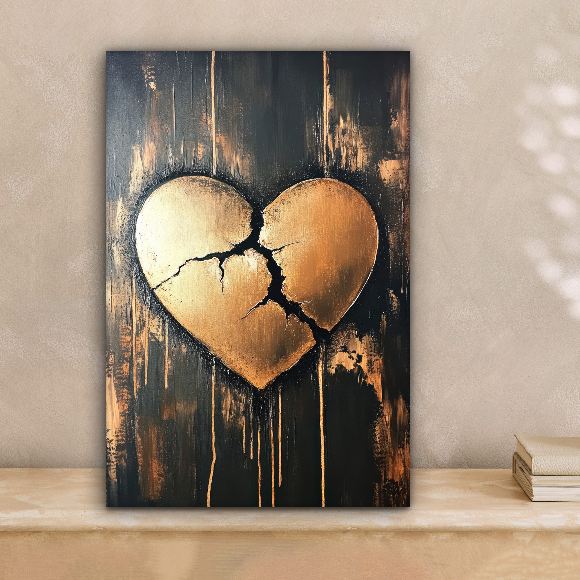 OneMillionCanvasses® Leinwandbild Gebrochenes Herz - Gold - Holzoptik - Lie günstig online kaufen