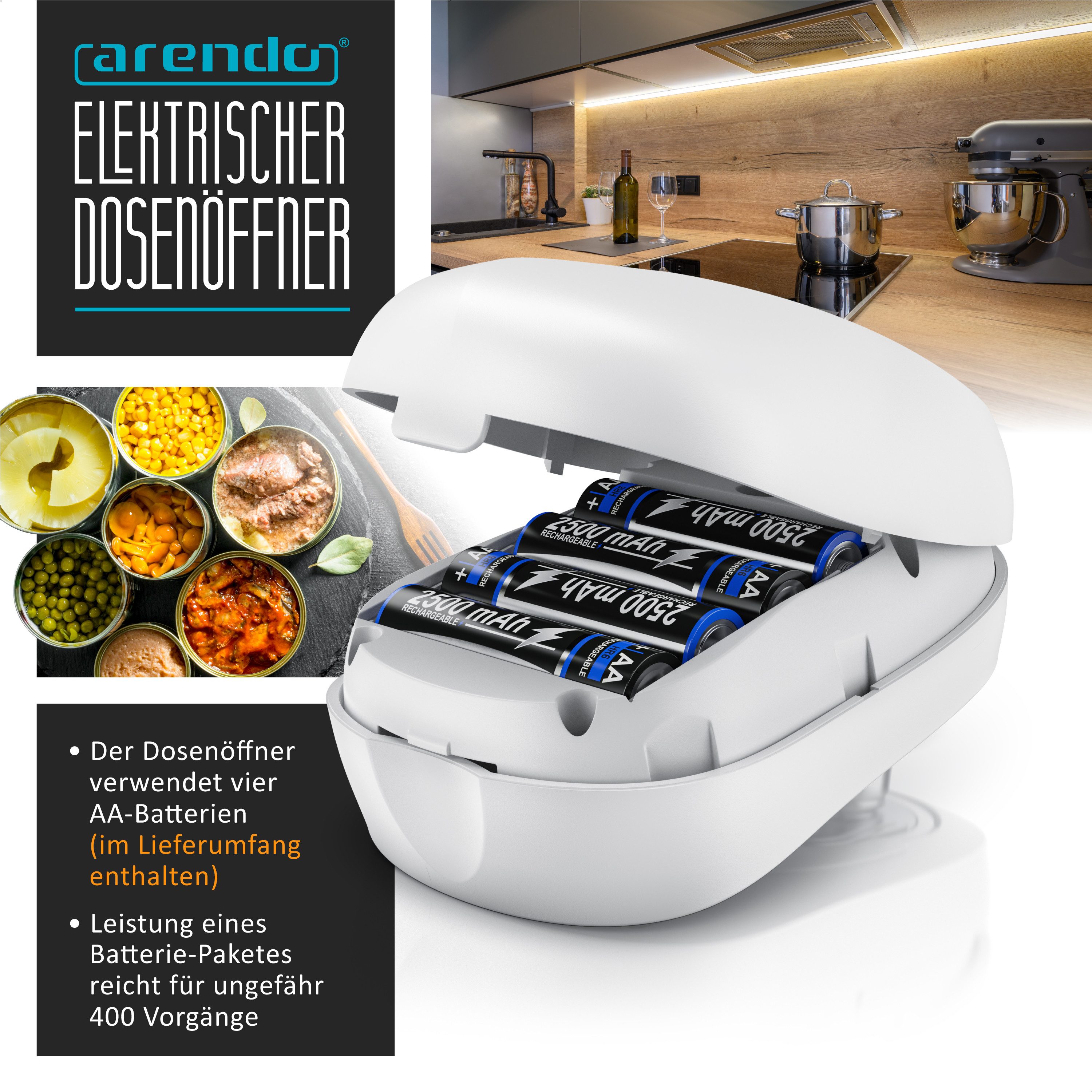 Arendo Elektrischer Dosenöffner Deckelöffner, Büchsenöffner für alle Dosengrößen, automatische 360° Drehung, Automatikstopp, Öffnung ohne scharfe Kanten