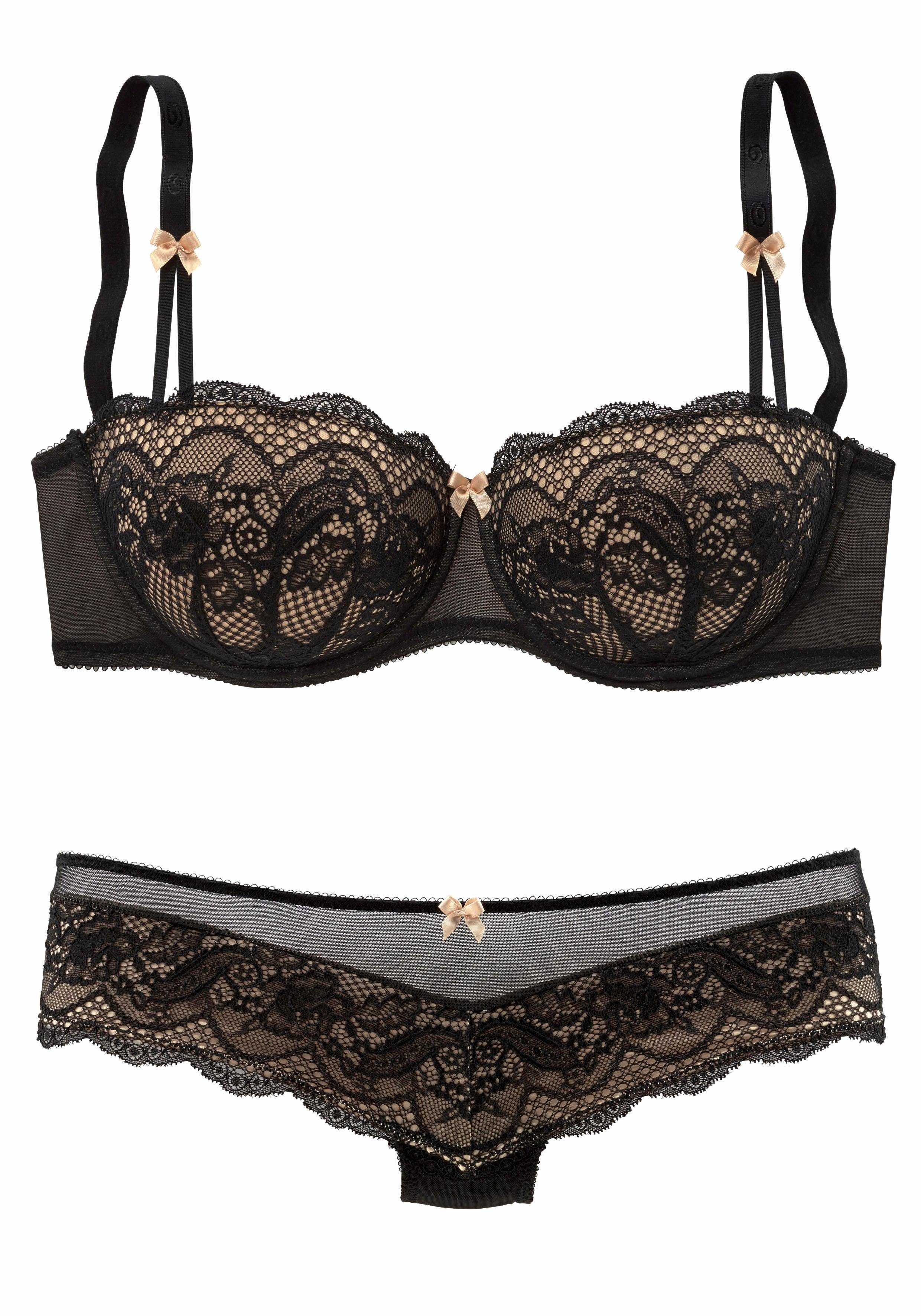 s.Oliver Set: Schalen-BH (Set, 2-tlg., mit Low Waist Panty) mit feiner, blumiger Spitze und zarten Zierschleifen, sexy Dessous