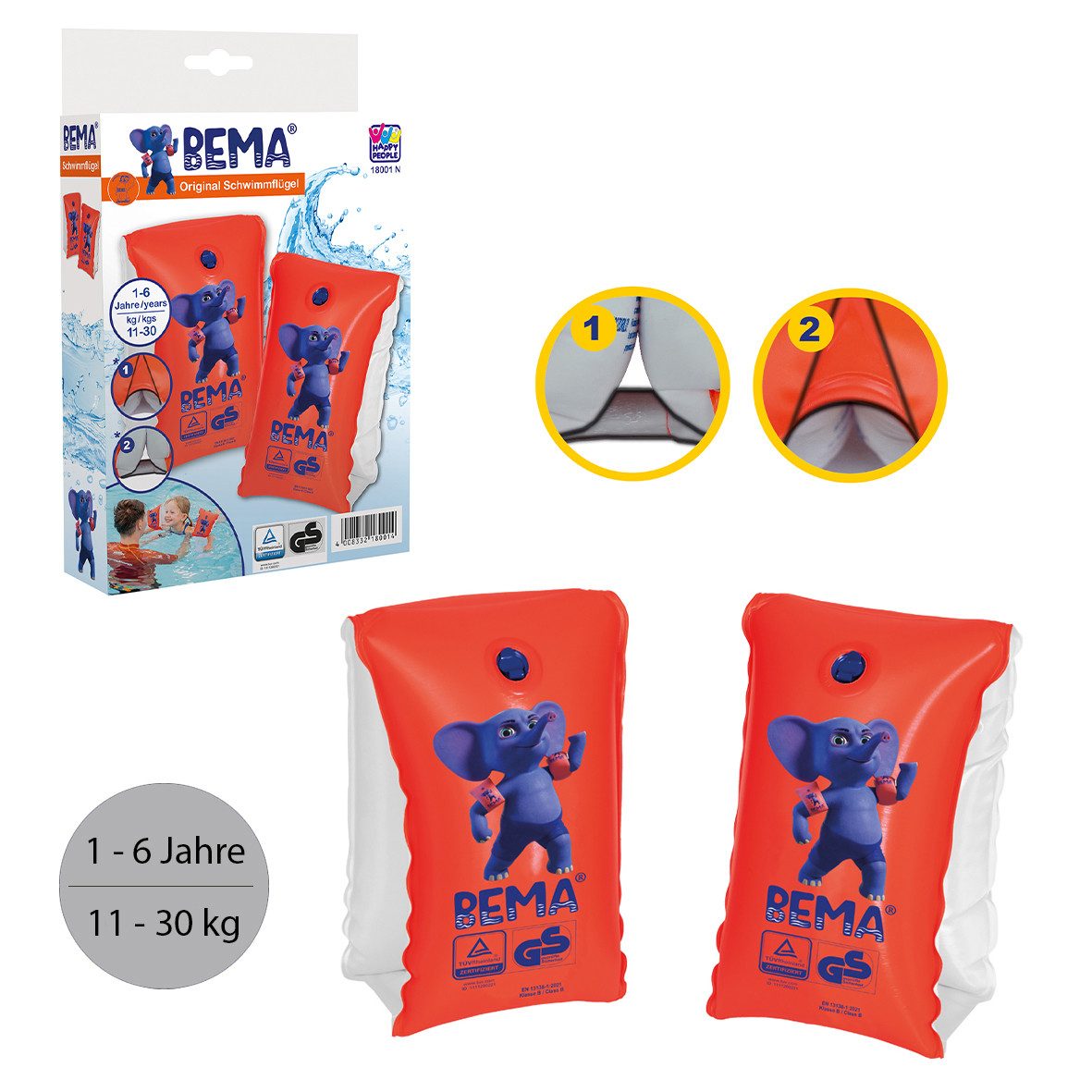 Happy People Schwimmflügel BEMA Schwimmflügel Größe 0 11-30kg orange/blau 14,5x19,5cm 2 Stück