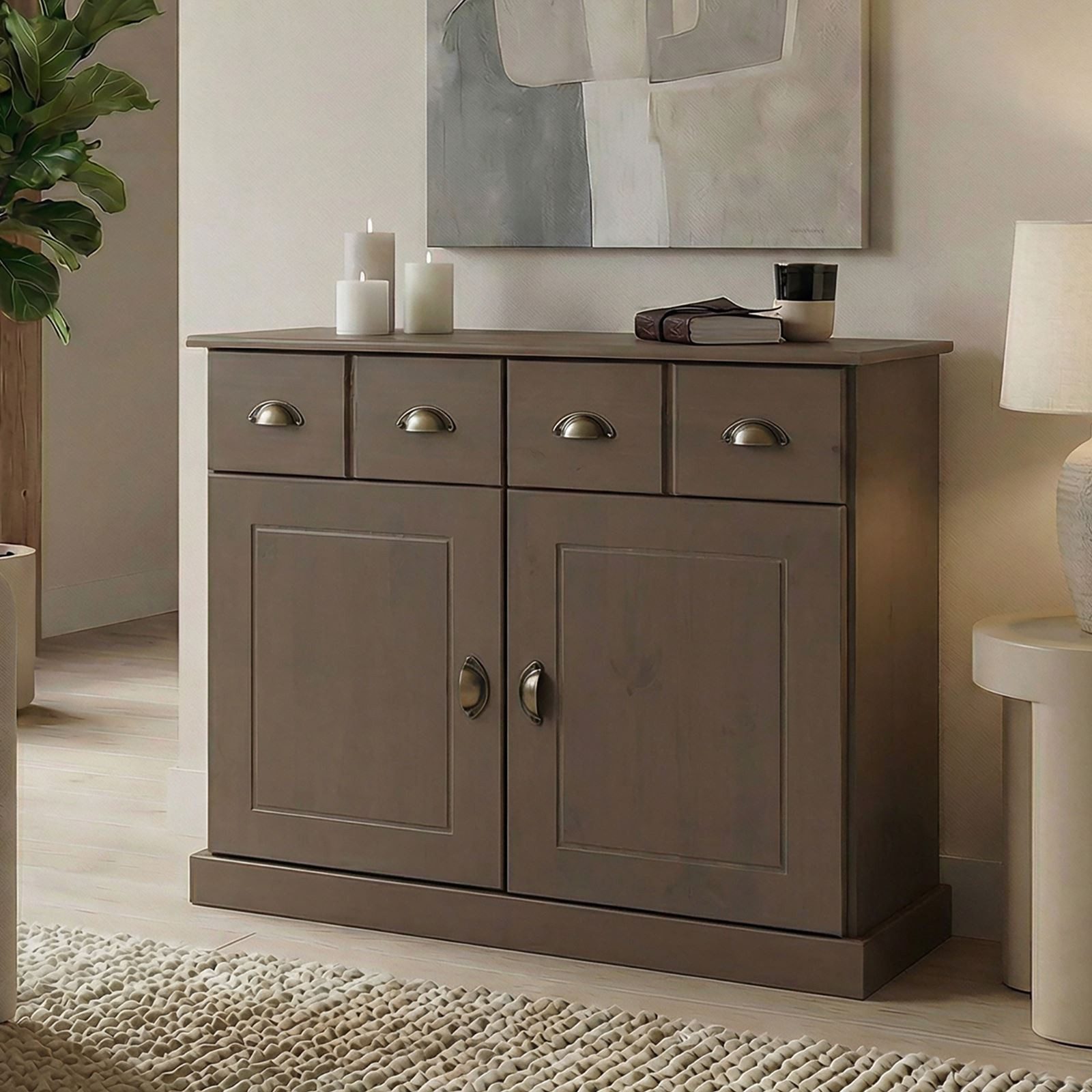IDIMEX Kommode PARIS, Sideboard mit Schubladen & Muschelgriffen Kiefer Massivholz taupe