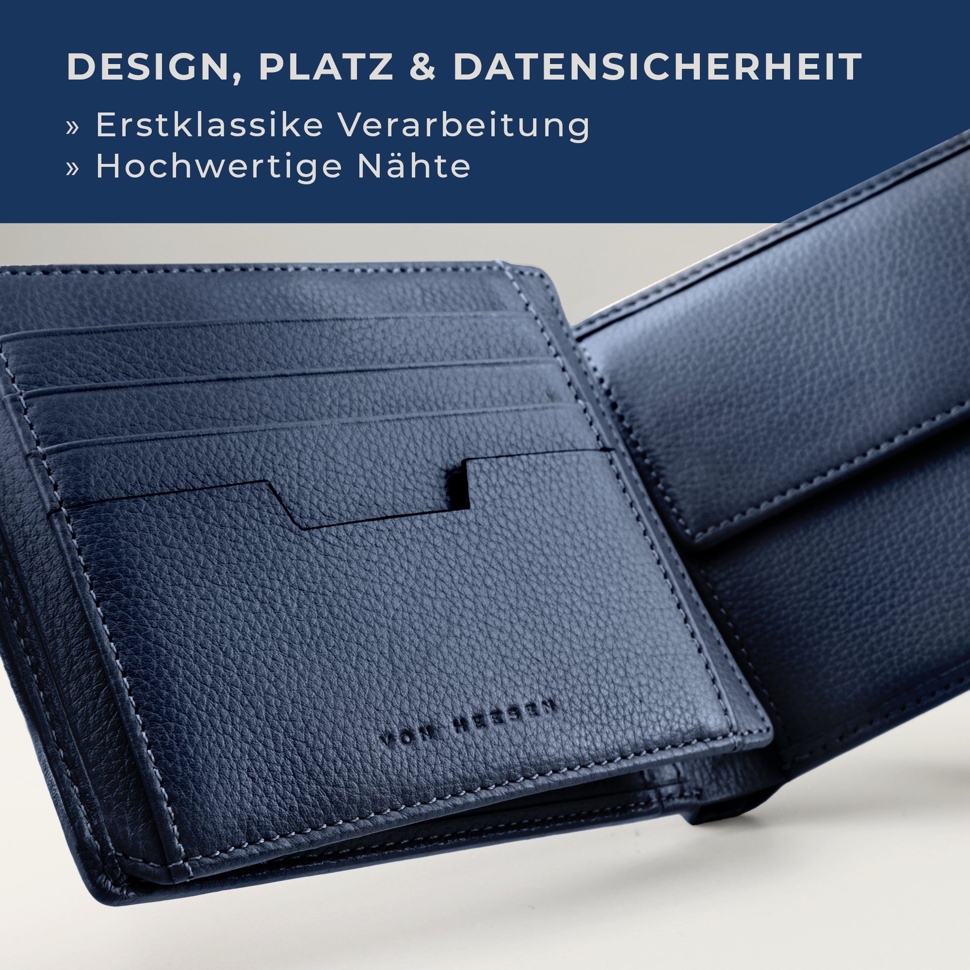 VON HEESEN Geldbörse Geldbeutel Geschenkbox Blau RFID-Schutz inkl. 13 mit Portemonnaie & Kartenfächer