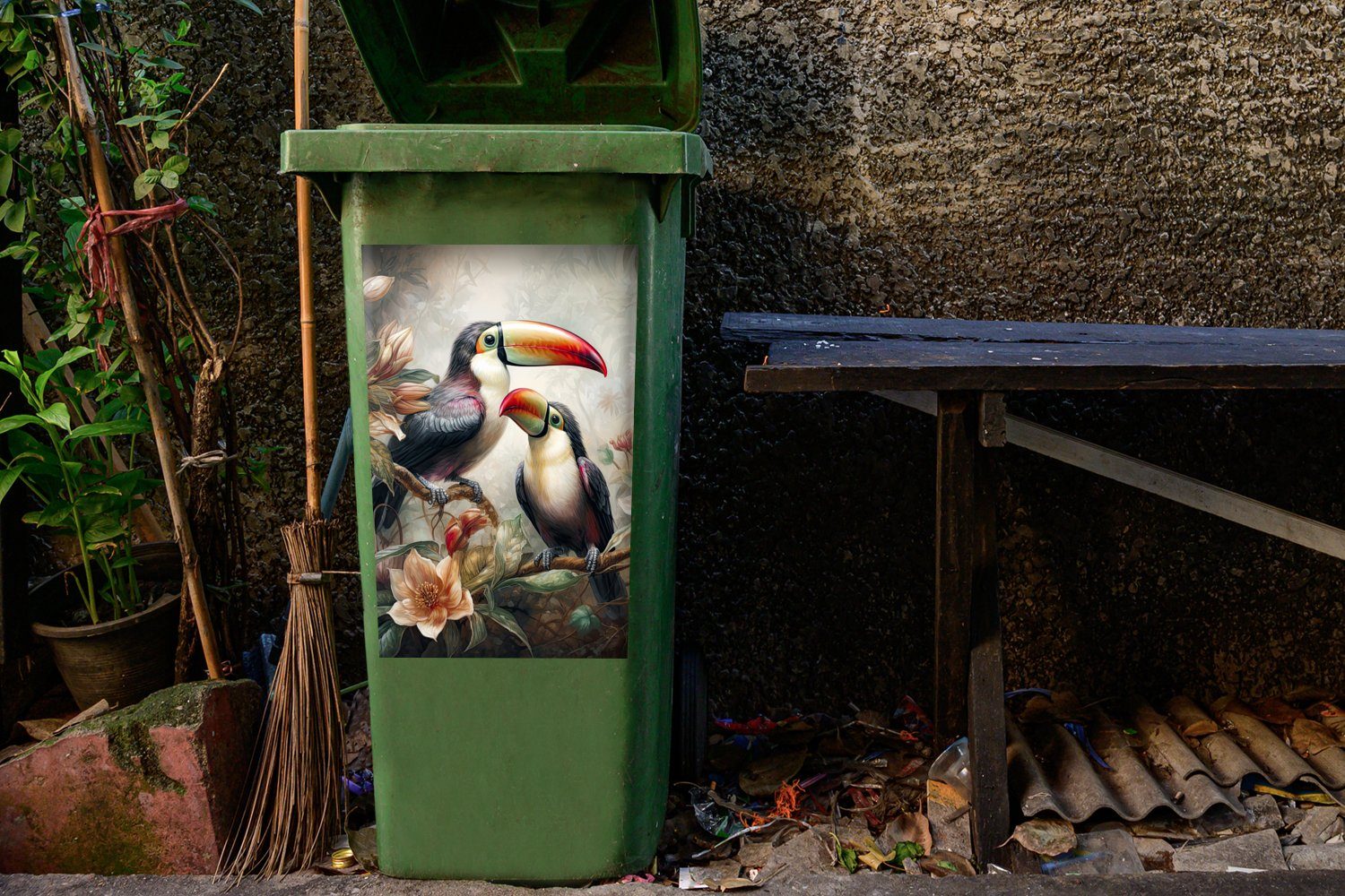 Abfalbehälter Dschungel Wandsticker St), Container, Blumen Vögel (1 Tukan Sticker, Mülltonne, Mülleimer-aufkleber, - - - MuchoWow