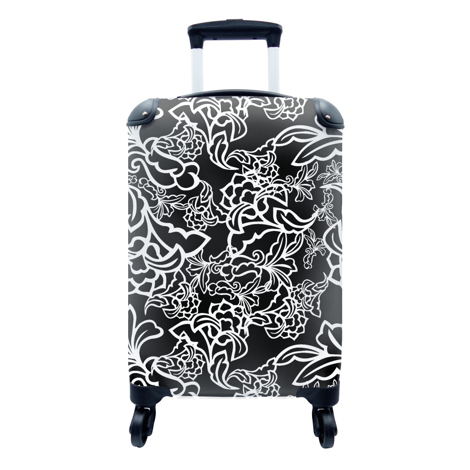 Handgepäckkoffer Handgepäck für Muster - rollen, - Blume mit 4 Reisetasche MuchoWow Reisekoffer Trolley, Schwarz Ferien, Rollen, Weiß, und