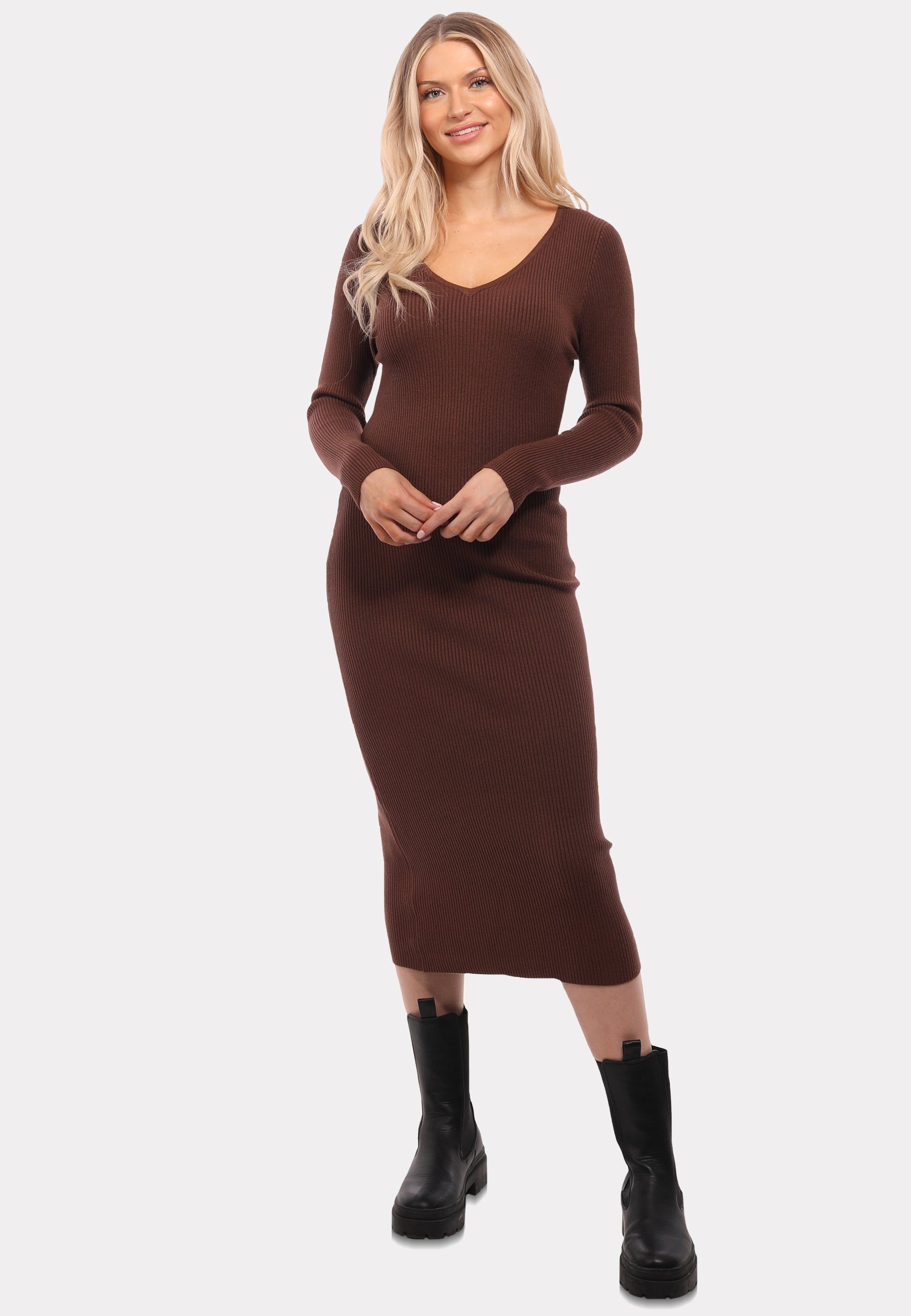 YC Fashion & Style Strickkleid Strickkleid mit V-Ausschnitt KNIT DRESS (Kein Set, 1 -tlg) Langarm, in Unifarbe, mit V-Ausschnitt