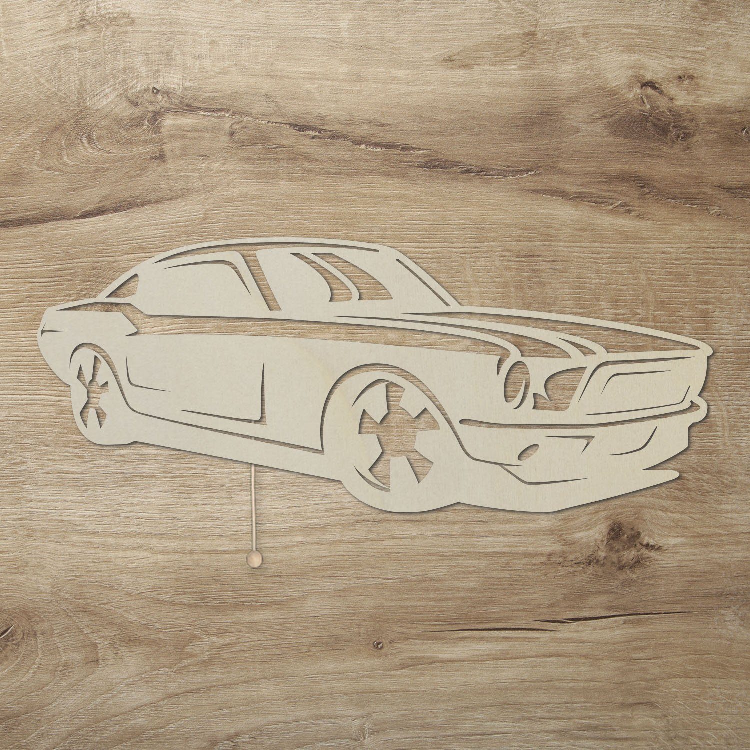 Namofactur LED Dekolicht Mustang Auto - Dekoobjekt aus Holz mit Sportwagen Motiv - Wand Lampe, Mit Zugschalter, LED fest integriert, Warmweiß, Wanddekoobjekt Wohnzimmer Leuchte batteriebetrieben