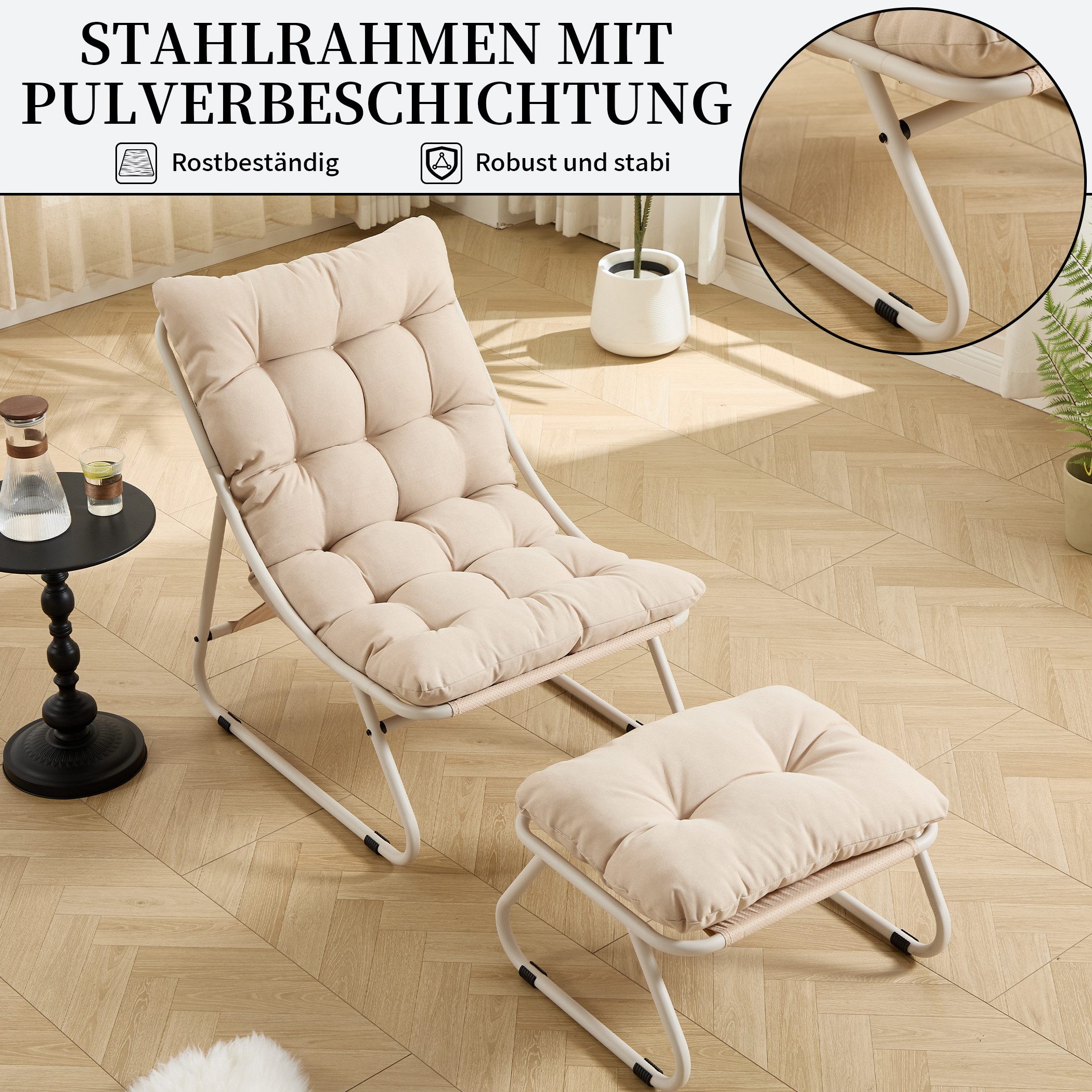 SeedWave Loungesessel mit Ottoman Liegestuhl Stahlgestell Gartenstuhl mit Trennbaren Pölster (bestehend aus Sessel und Hocker), Outdoor Terrassenstuhl für Garten usw. Außenbereich