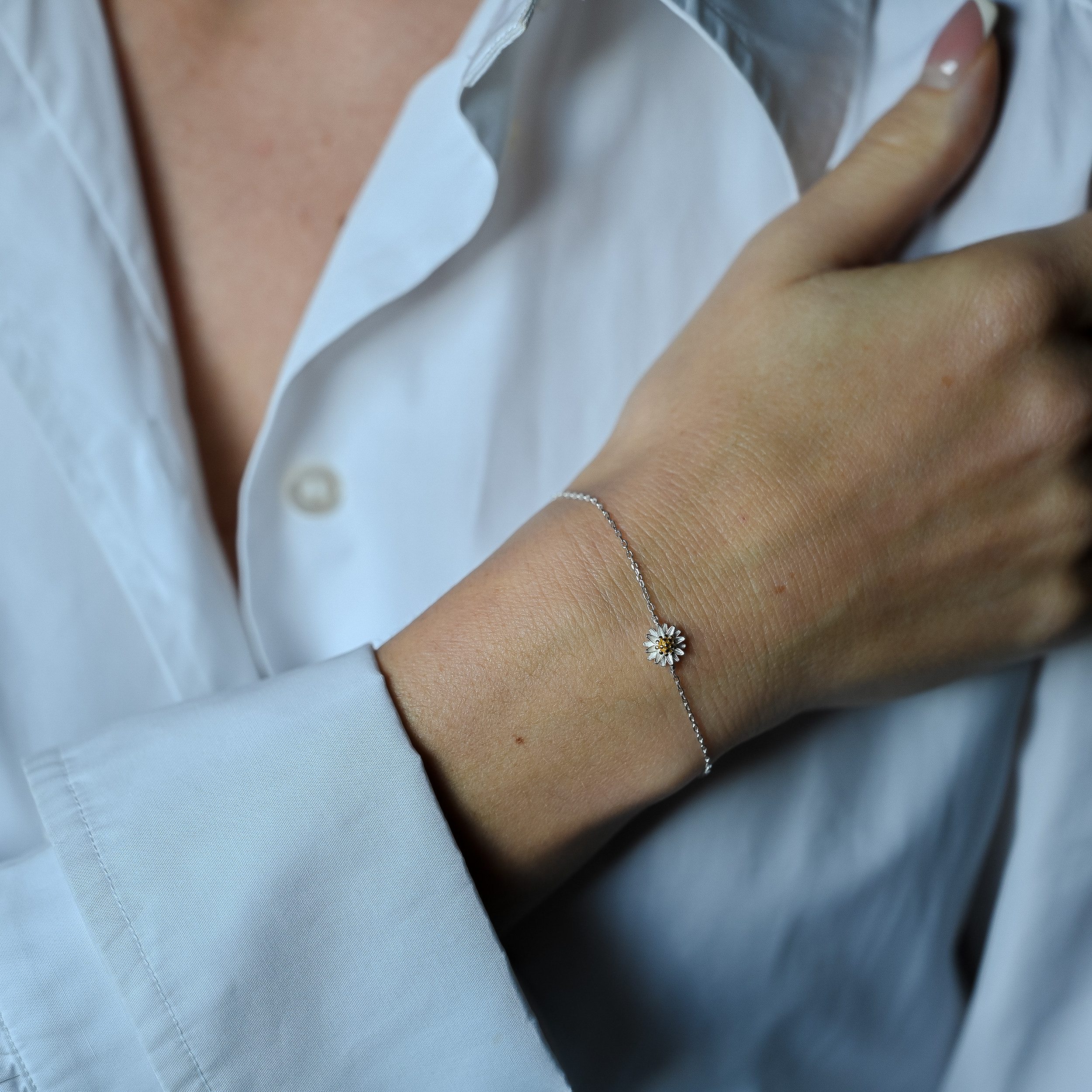 Runde Perlé Silberarmband verstellbares Armband kleine Gänseblümchen, 925er günstig online kaufen