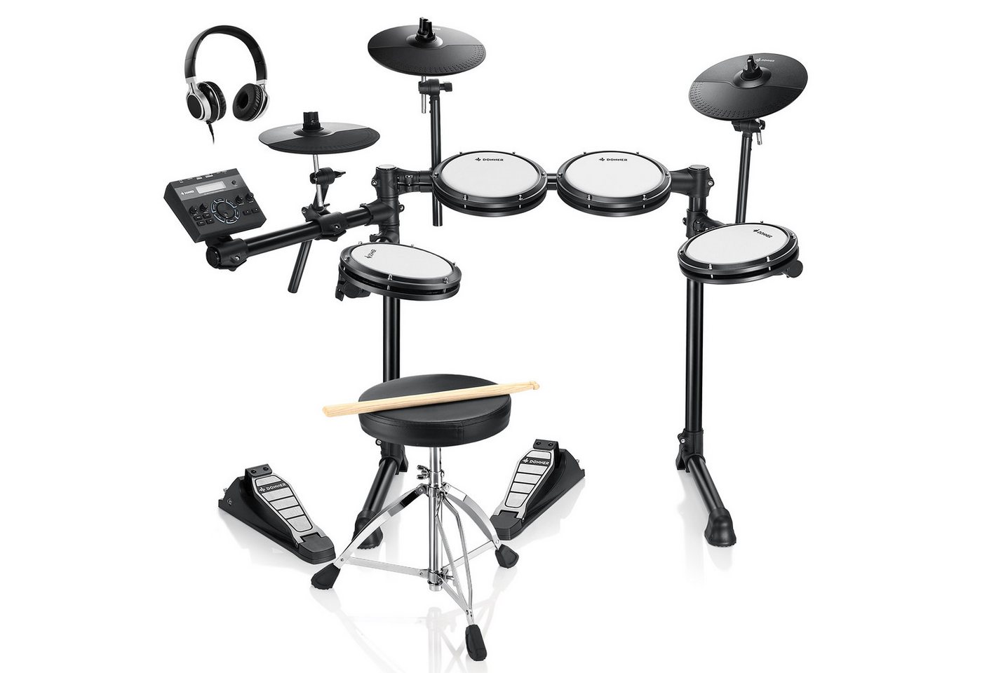 Donner E-Drum E-Schlagzeug 450 Sounds mit Thron Pedale Kopfhörer Unterricht DED-200,Set, Trommelhocker/Drumsticks/Kopfhörer/Audiokabel, 5 Trommeln und 4 Becken