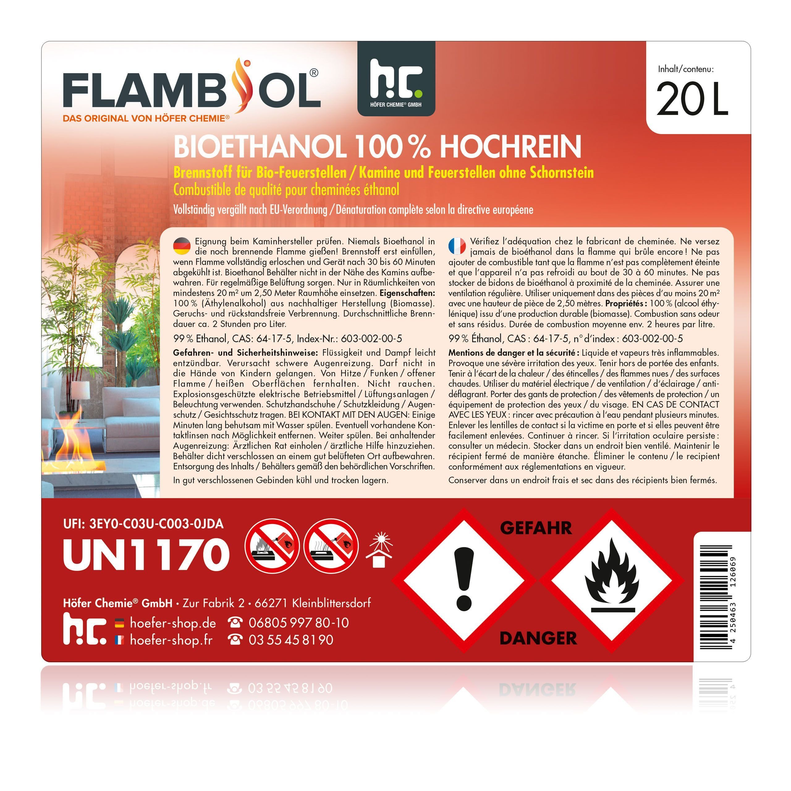 Höfer Chemie GmbH Bioethanol 20 L FLAMBIOL® Bioethanol 100% Hochrein, 20 l, (1-St)