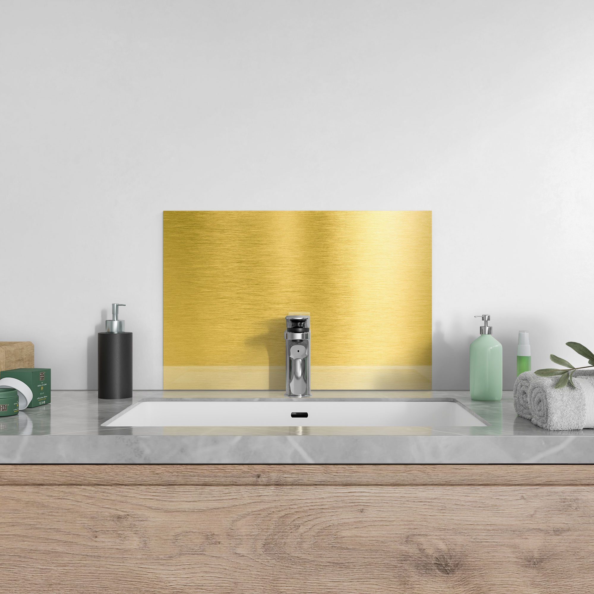Glas 'Gebürstete DEQORI Spritzschutz Badrückwand Herdblende Goldoberfläche', Küchenrückwand