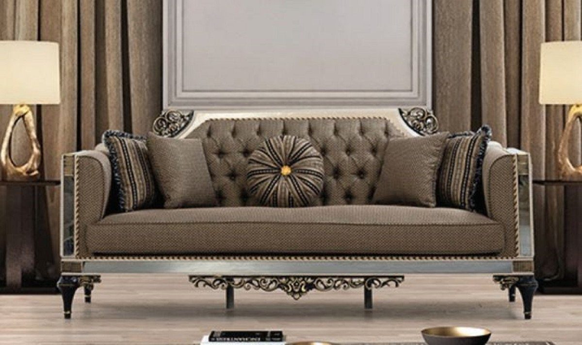 Casa Padrino Sofa Luxus Barock Sofa Braun / Weiß / Schwarz / Gold - Prunkvolles Wohnzimmer Sofa mit dekorativen Kissen - Barock Wohnzimmer Möbel