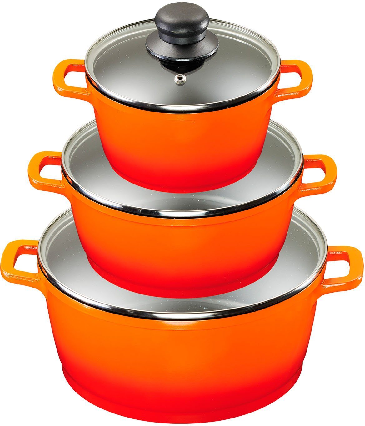 KING Topf-Set Shine Orange, Aluminiumguss (Set, 9-tlg., je 1 Kochtopf mit Deckel 18 /20/24 cm, je 1 Bratpfanne 20/24/28 cm), Induktion