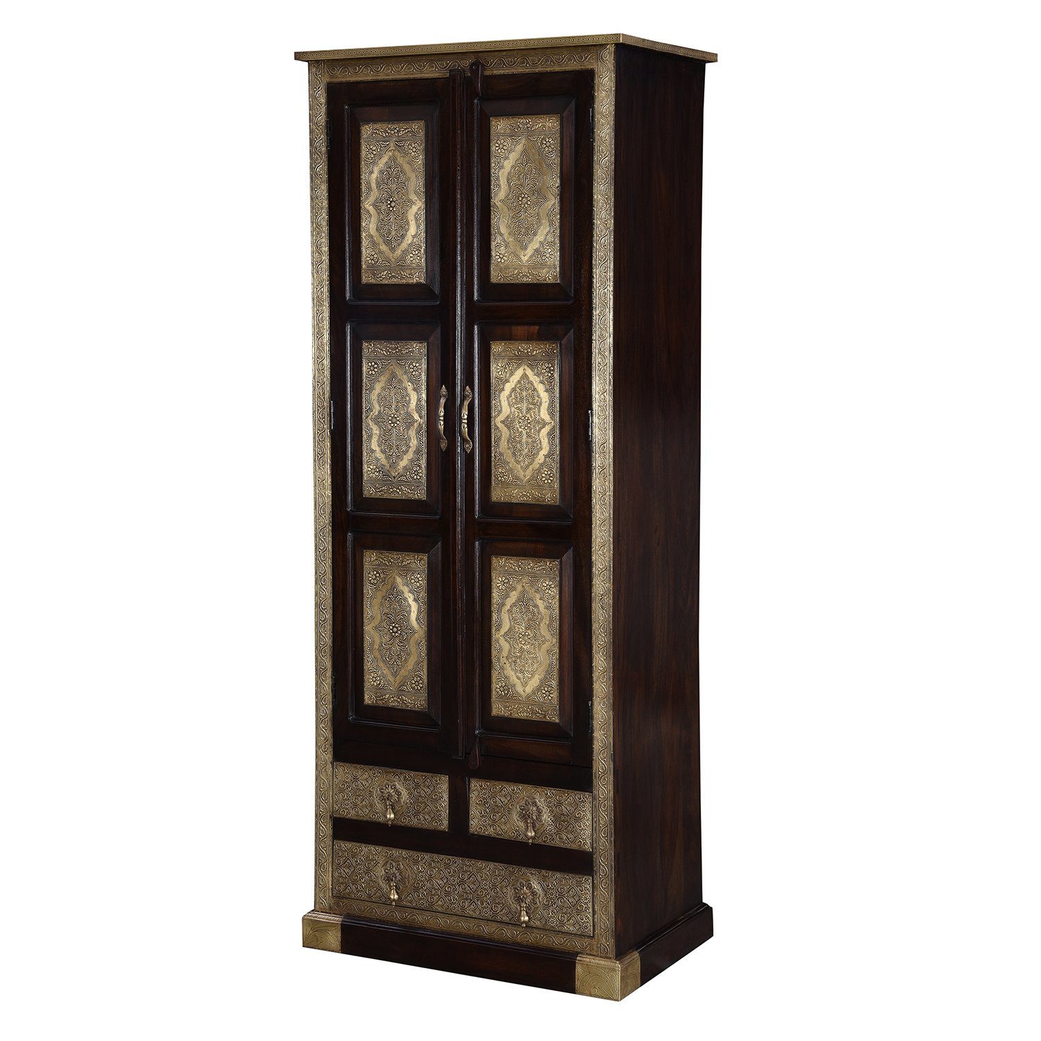 Casa Moro Kleiderschrank Orientalischer Schrank Balin aus Massivholz und Messing (Drehtürenschrank mit Messing verziert in Gold Braun, 1-St) Vintage Kleiderschrank 80x52x205 (B/T/H), MA27-320