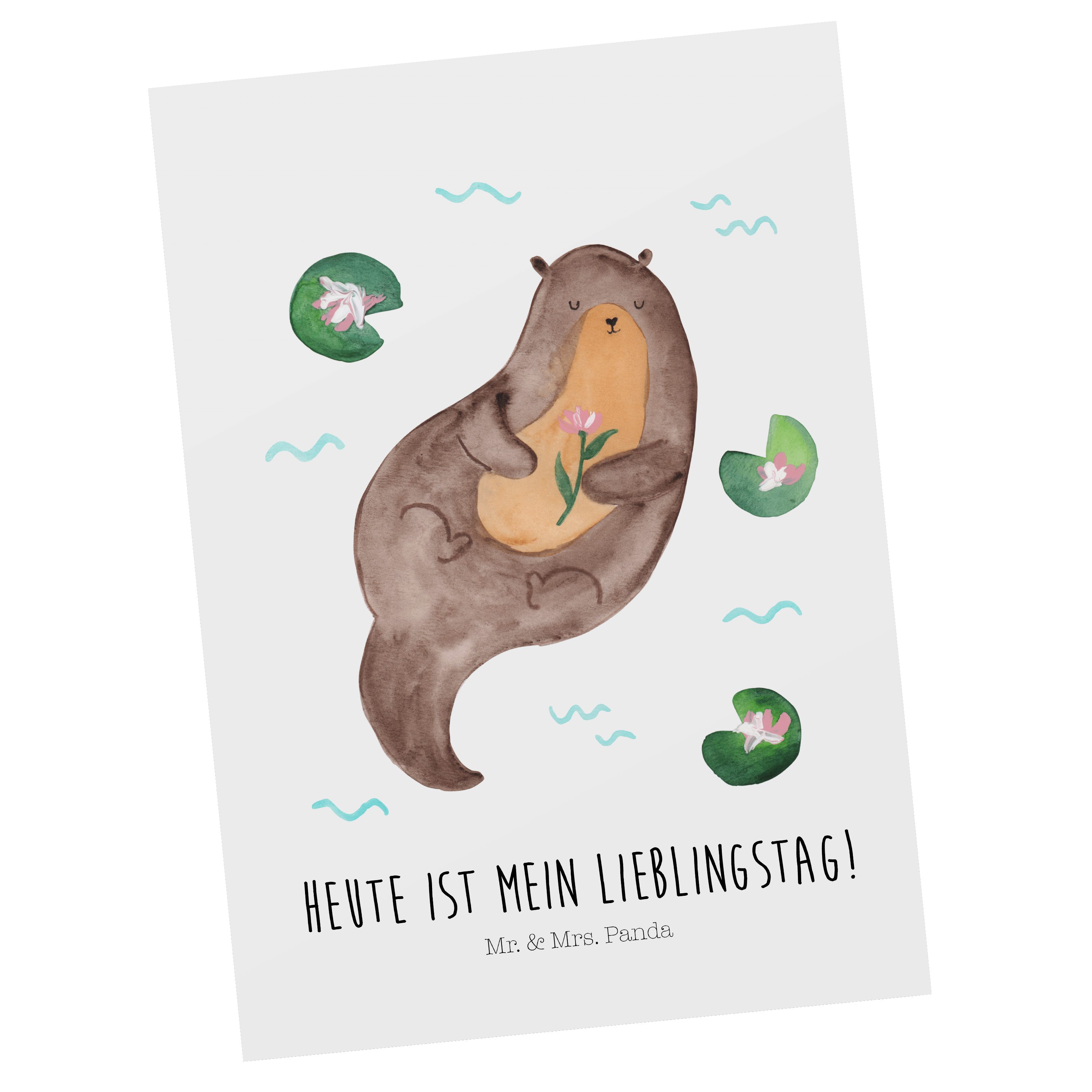 Mr. & Mrs. Panda Postkarte Otter mit Seerose - Weiß - Geschenk, Geburtstagskarte, Fischotter, Ge