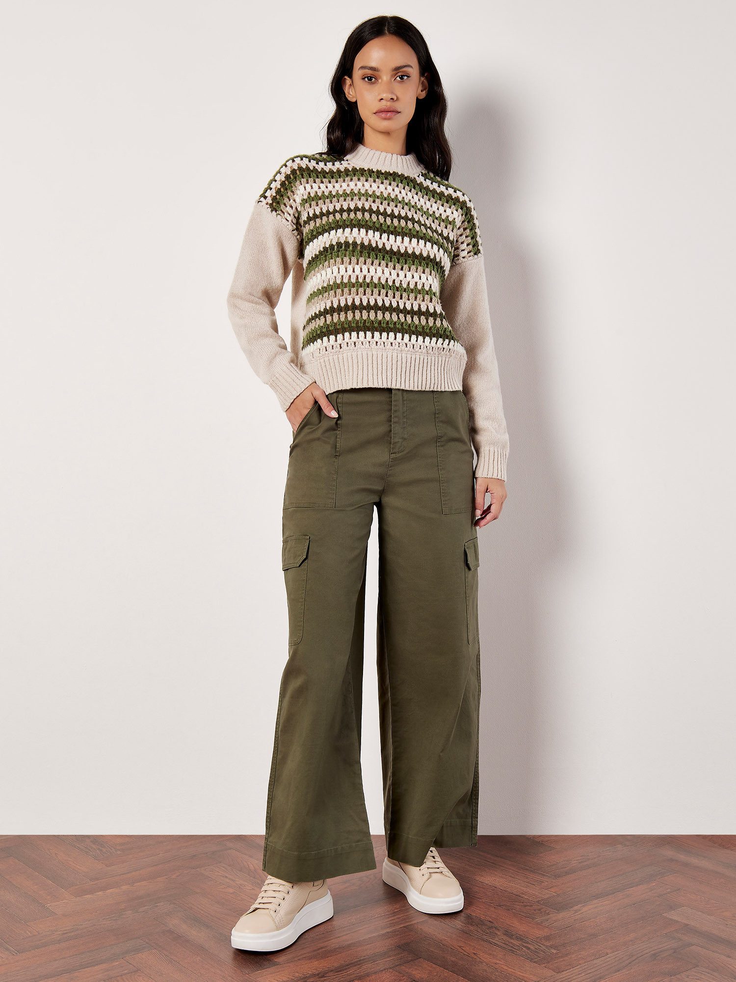 Apricot Streifenpullover gestreifter Pullover (1-tlg) mit Lochmuster
