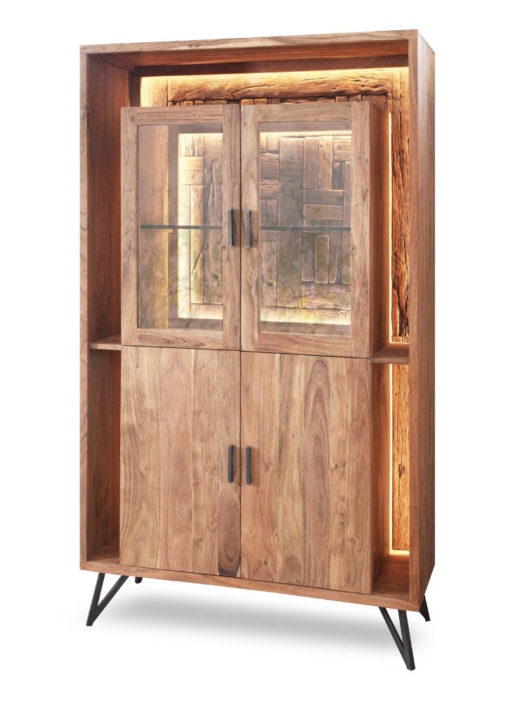 WOLF MÖBEL Küchenbuffet HUDSON Vitrine 2 Glas-/ 2 Holztüren / 1 Glasboden / Licht (115x40x195 LxBxH (cm) soft close, LED-Beleuchtung