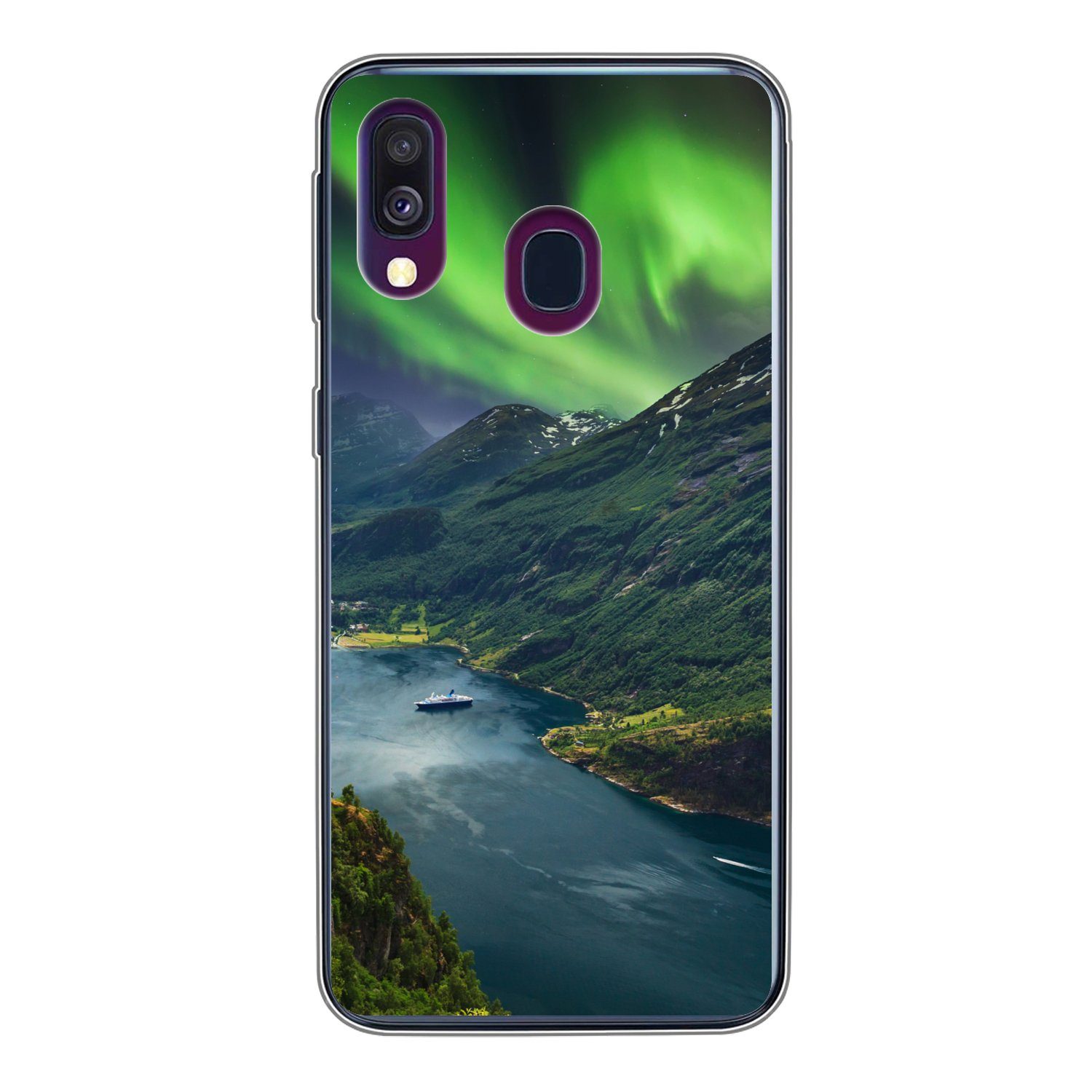 MuchoWow Handyhülle für Samsung Galaxy A40 Nordlichter - Berg - Boot - Norwegen, Smartphone-Bumper, Print, Handy Schutzhülle Dünn