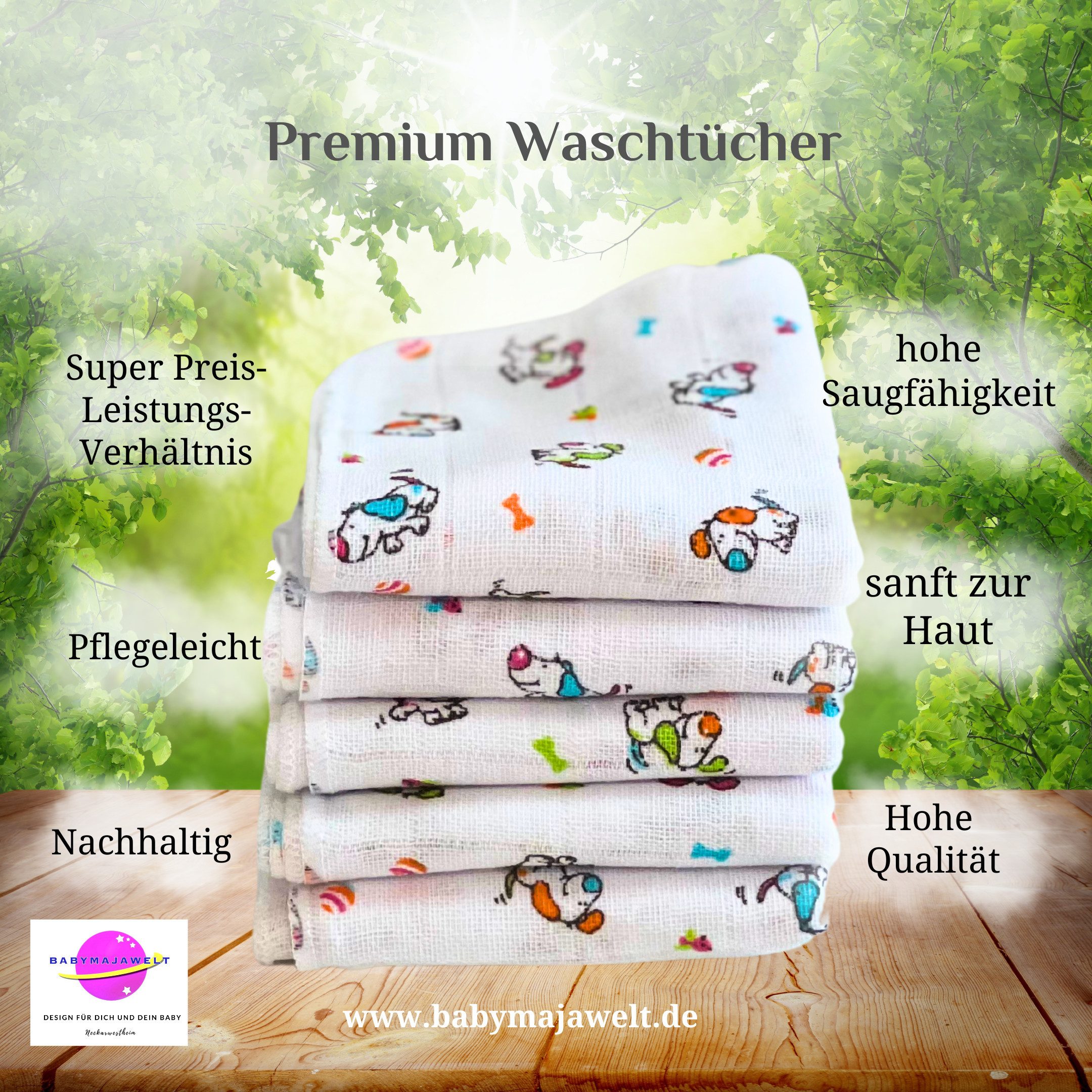 Babymajawelt Waschlappen Baby Mull Waschlappen Premium 40 x 40cm, 5 Stück, Mullstoff (Packung, 5-St), Extra weiche Mullqualität; Hohe Saugfähigkeit; Vielseitig einsetzbar
