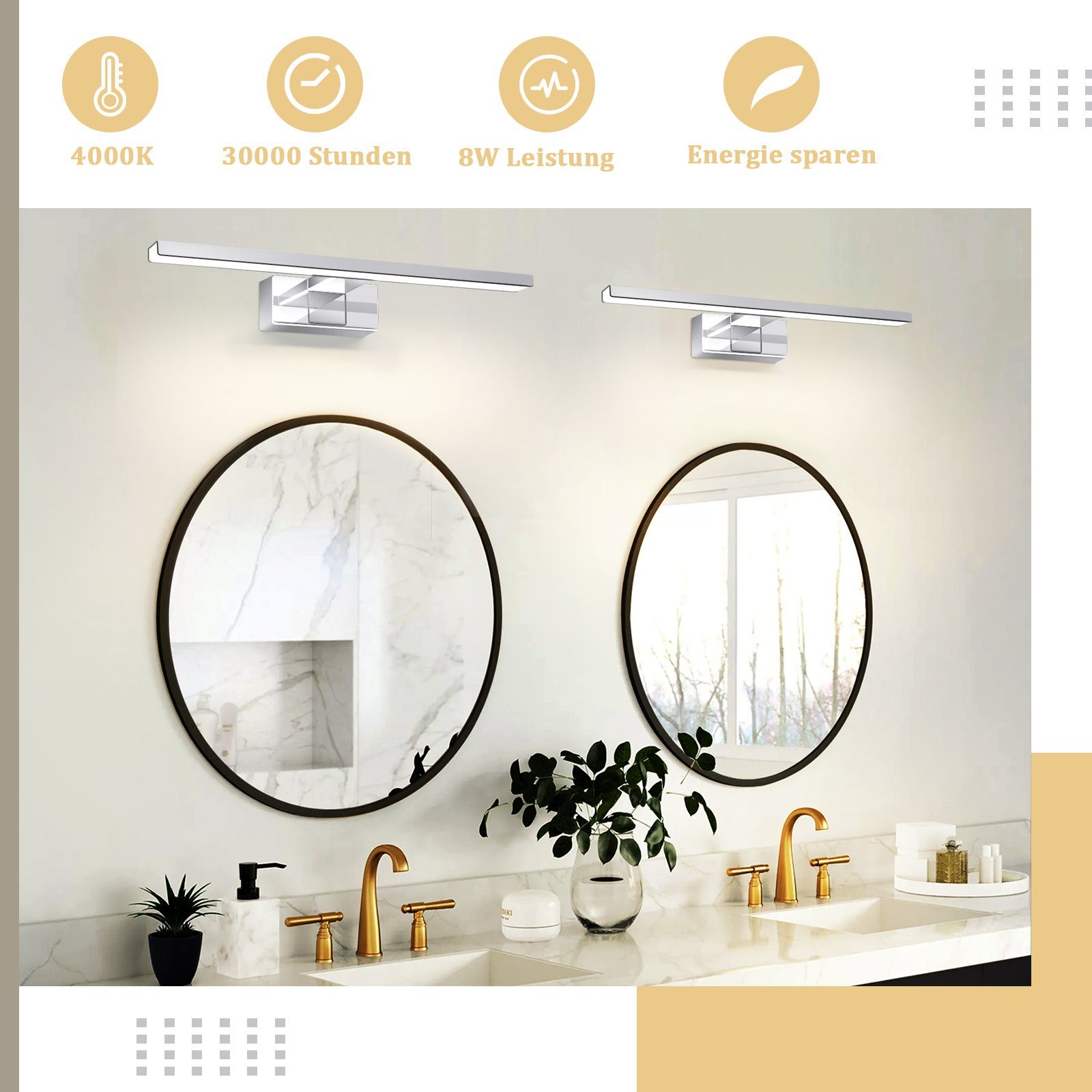 ZMH LED Spiegelleuchte Neutralweiß Spiegellampe - leuchte Chrom Modern, Augenschutz, LED fest integriert, 4000k, Modern Neutralweiß 4000K lampe Wandmontage für Keller