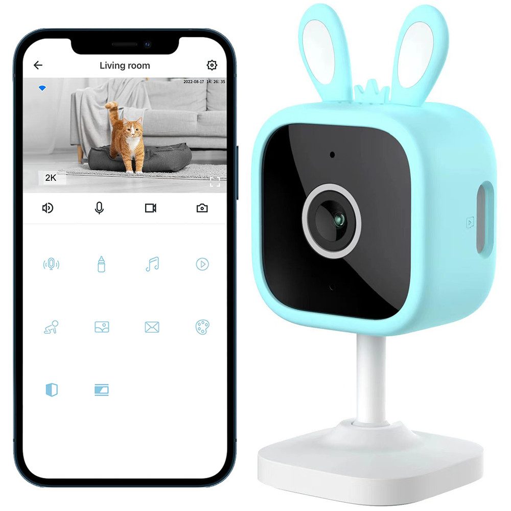 Jioson Babyphone Wireless Babyphone Innenbereich Überwachungskamera WiFi Kamera Blau, Europäischer Standard, unterstützt Zwei-Wege-Sprechanlage, mit Schrei-Erkennung,Fütterungserinnerung und Wiegenlied, Geeignet für ältere Menschen, Kinder und Haustiere