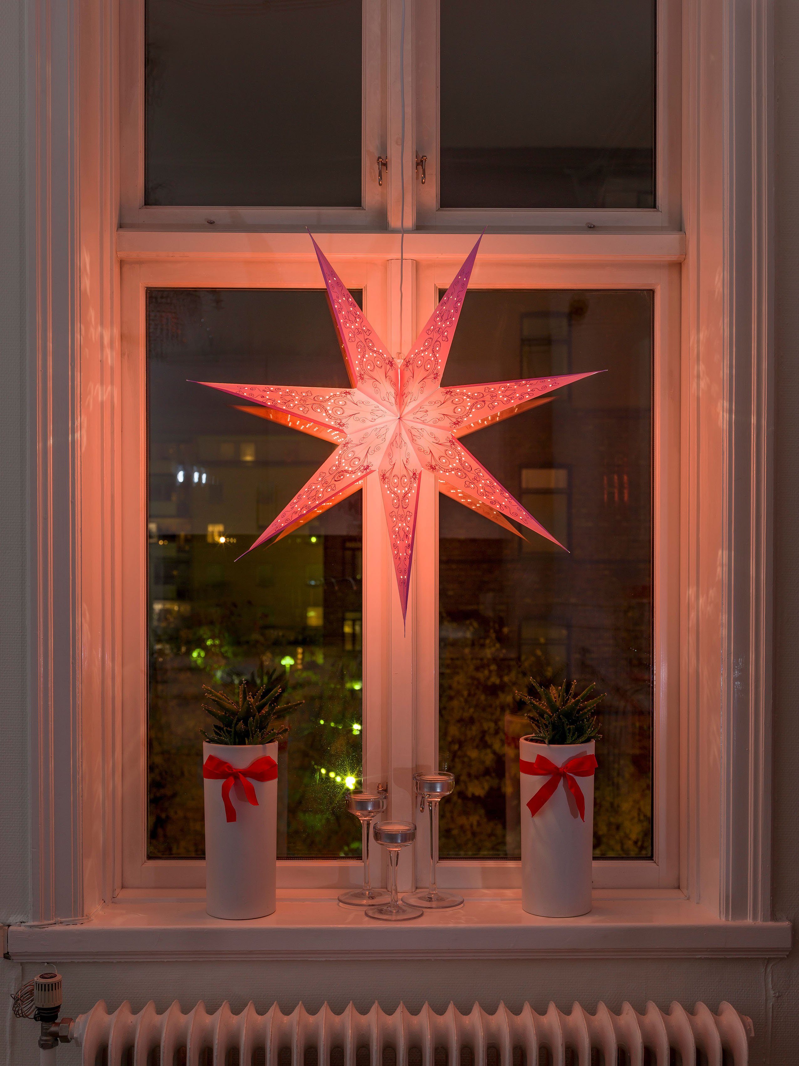 KONSTSMIDE Dekostern Weihnachtsstern, Weihnachtsdeko, perforiert Papierstern, St., und Stern, LED 1 bestickt, 7 pink Zacken