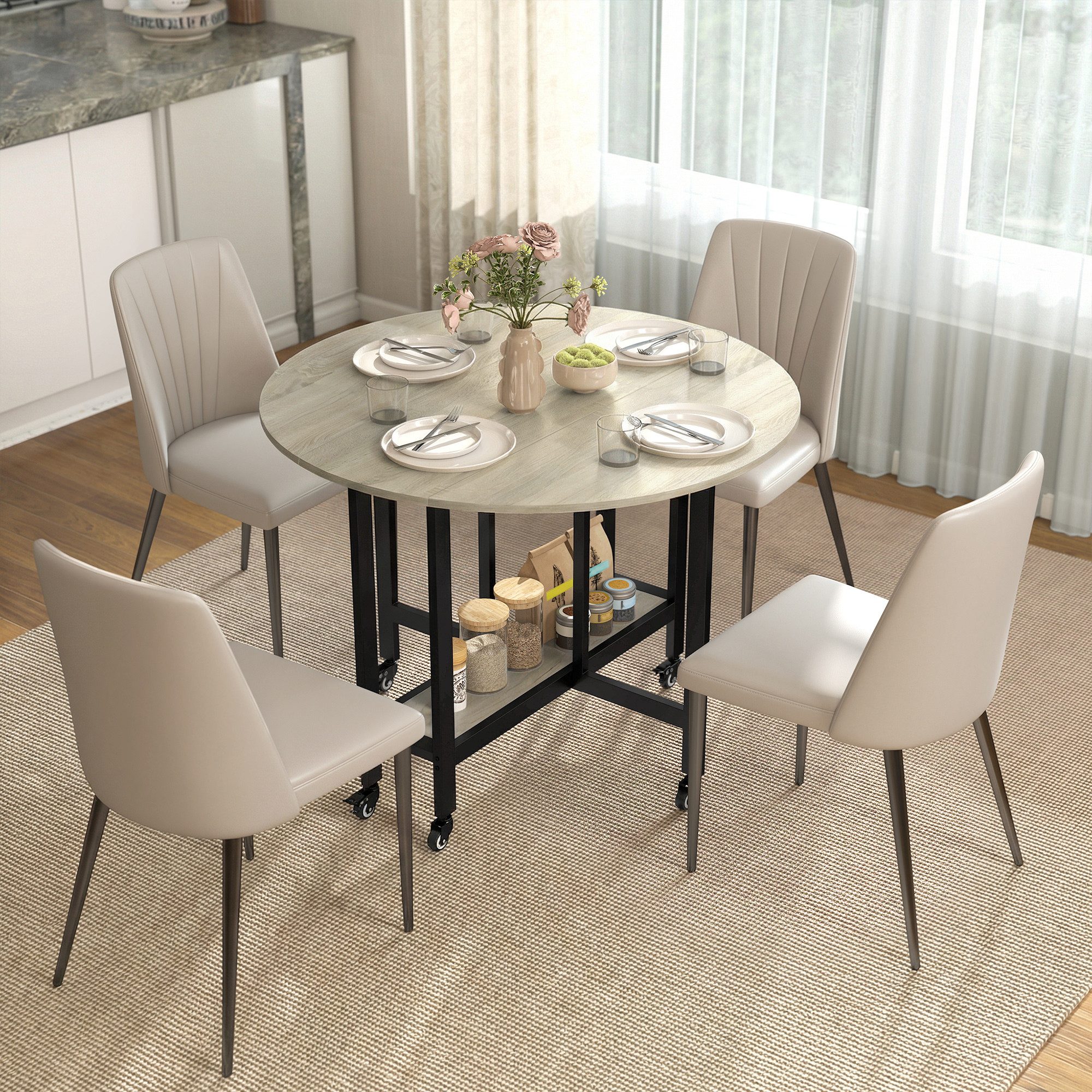 HOMCOM Klapptisch Esstisch, Runder Küchentisch mit Ablage, Esszimmer, Küche, Natur (Tisch, 1-St., Küchentisch), Platzsparendes, klappbares Design mit Rollen