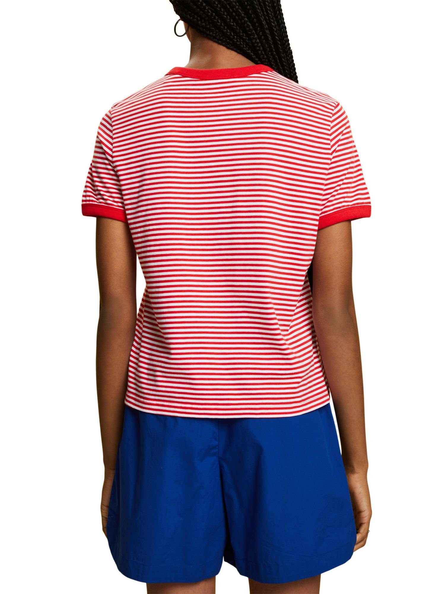 Stickmotiv by (1-tlg) edc Baumwoll-T-Shirt Esprit T-Shirt Gestreiftes RED mit