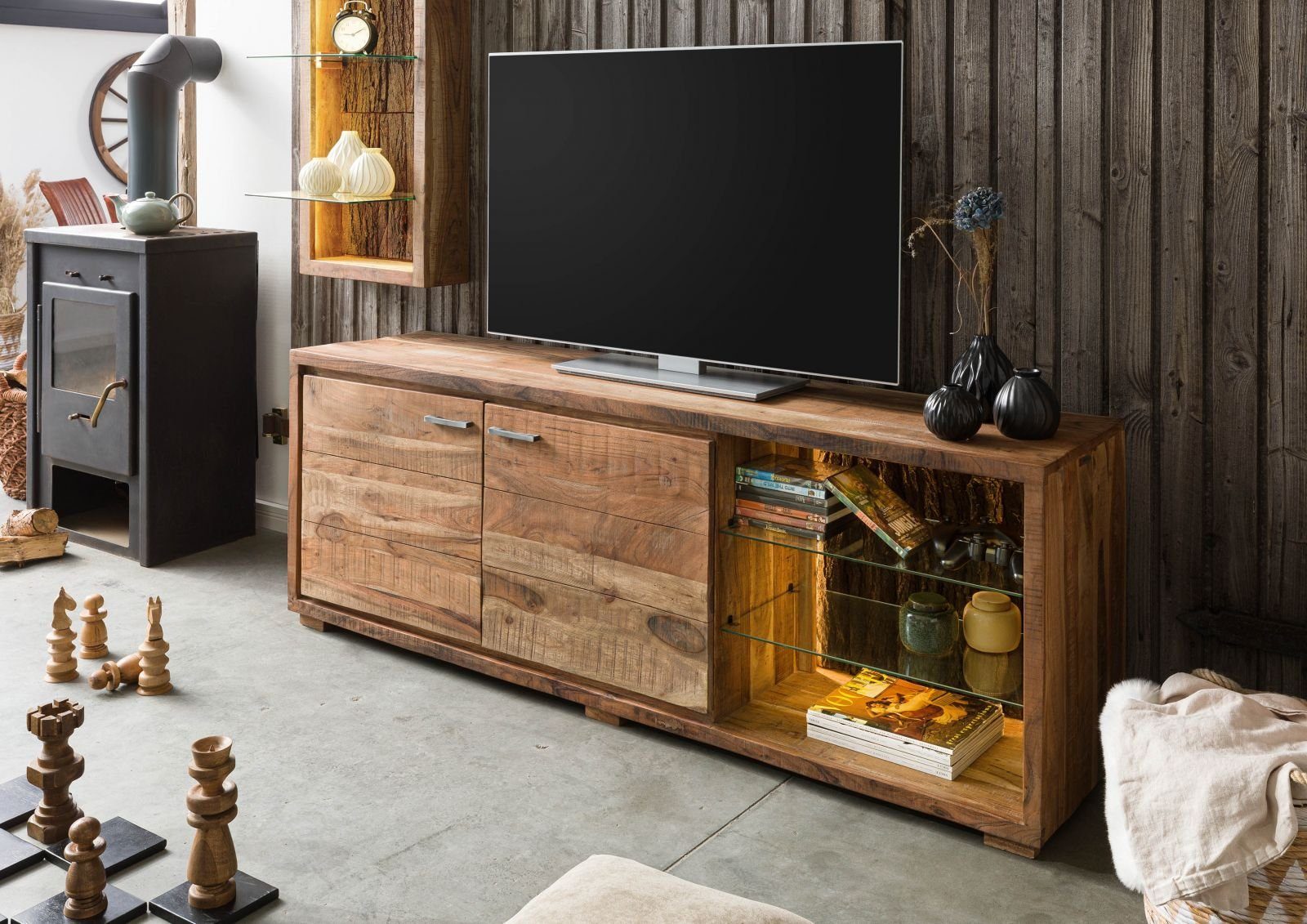 Massivmoebel24 TV-Board BARK (Massivholz), TV-Board Akazie 175x40x63 natur lackiert BARK #112