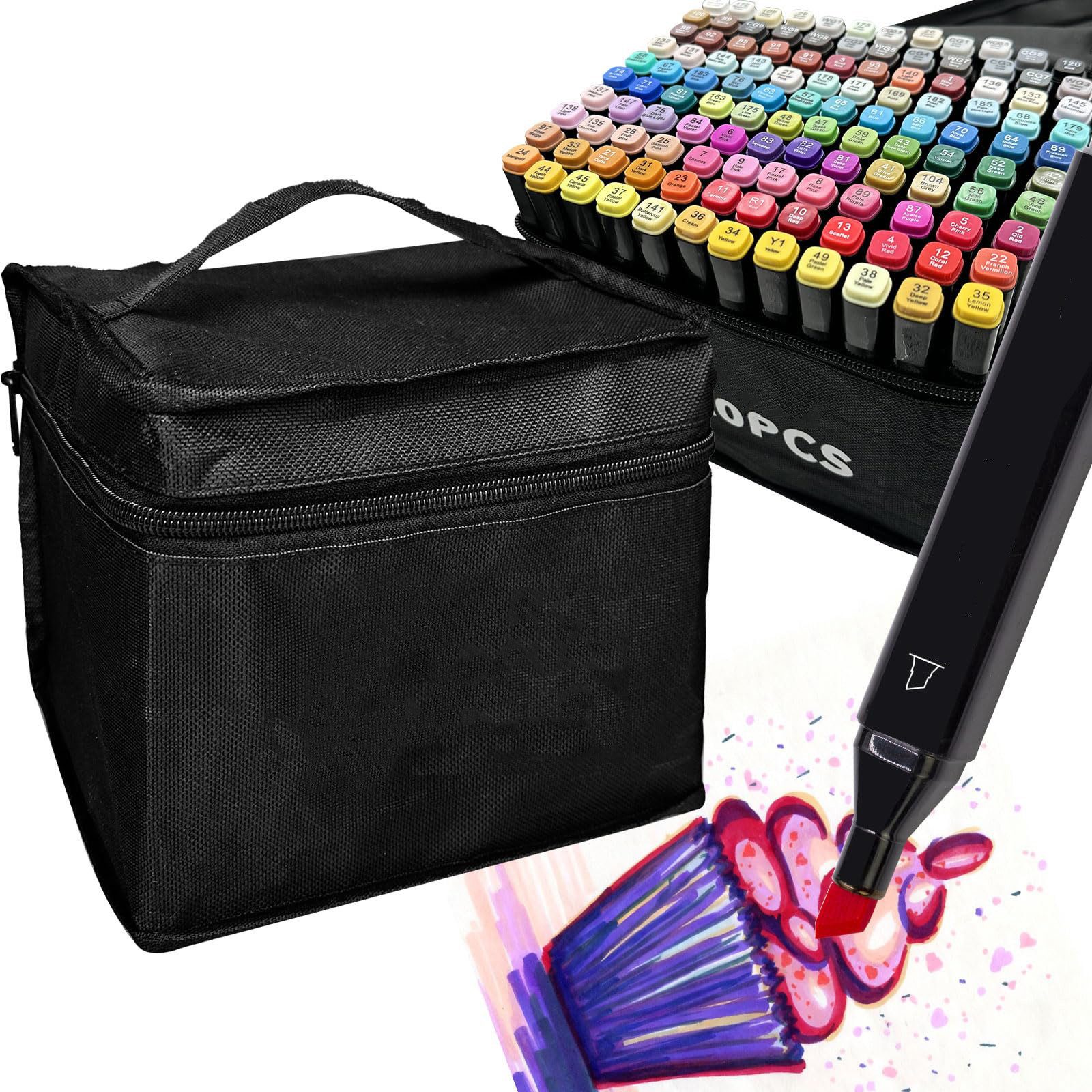 Agger Marker Alkoholmarker Set – Doppelspitze, Schnell trocknend, Mit Tragetasche, (100-tlg), Ideal für Malen, Skizzieren, Design & Comiczeichnungen