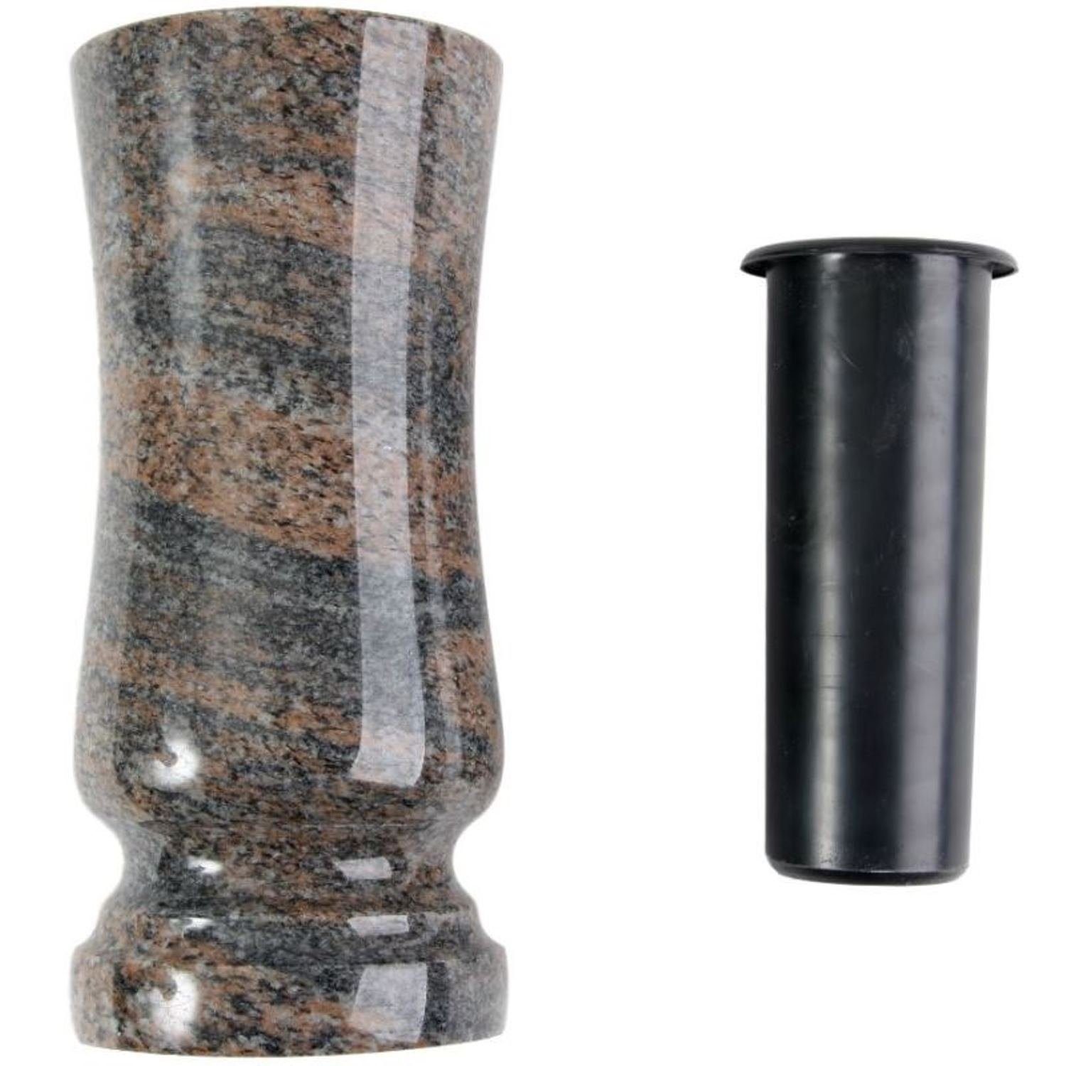 Grab-Vase Granit Kunststoffeinsatz, mit St), Gneis robust witterungsbeständig Abflussloch, mit KOKA Dekoobjekt (1 Grab-Schmuck, Blumen-Vase stabilem Naturstein, Friedhof-Vase, und