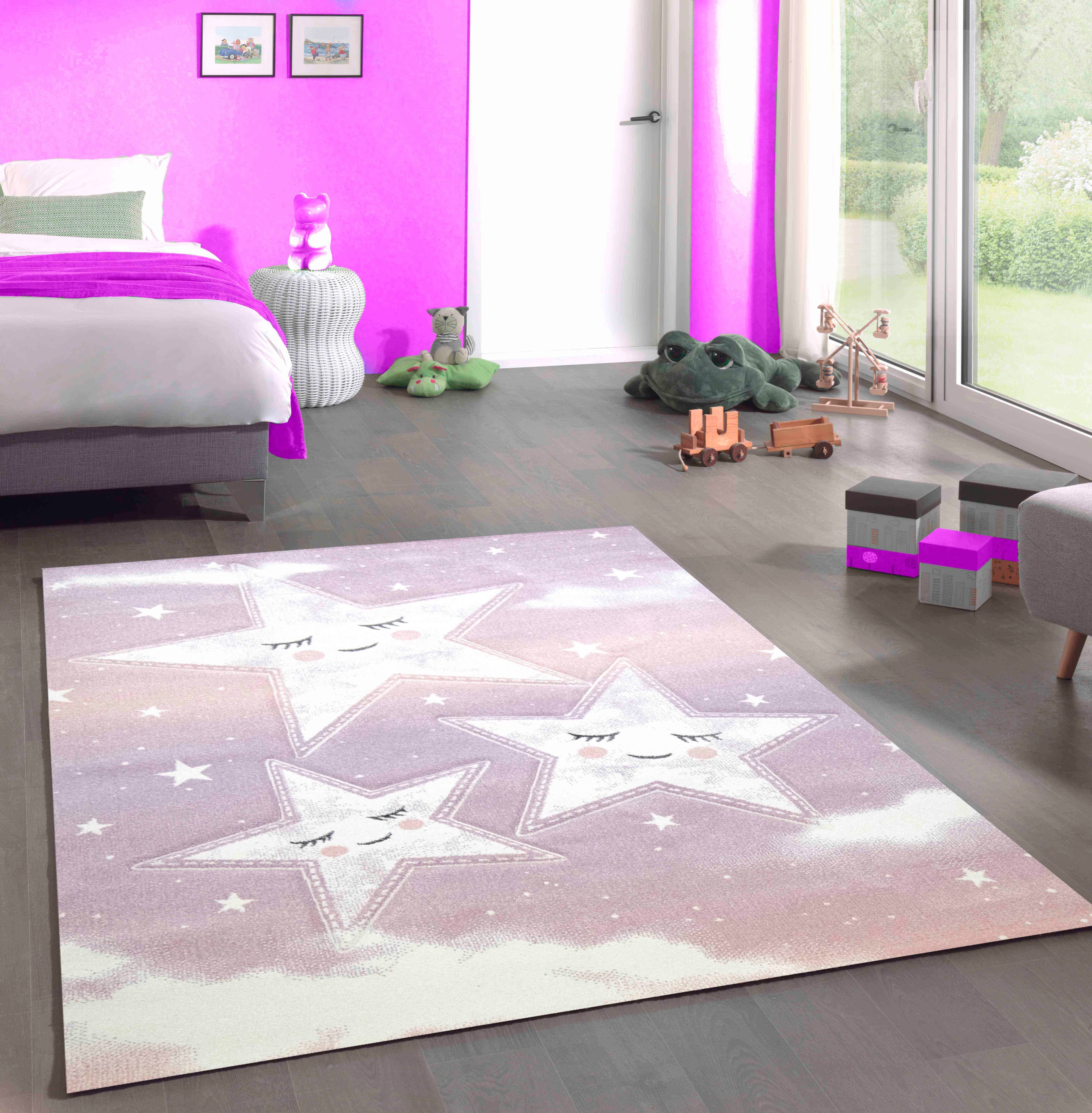 Kinderteppich Spiel Teppich Kinderzimmer Sterne Himmel Wolken Design rosa creme