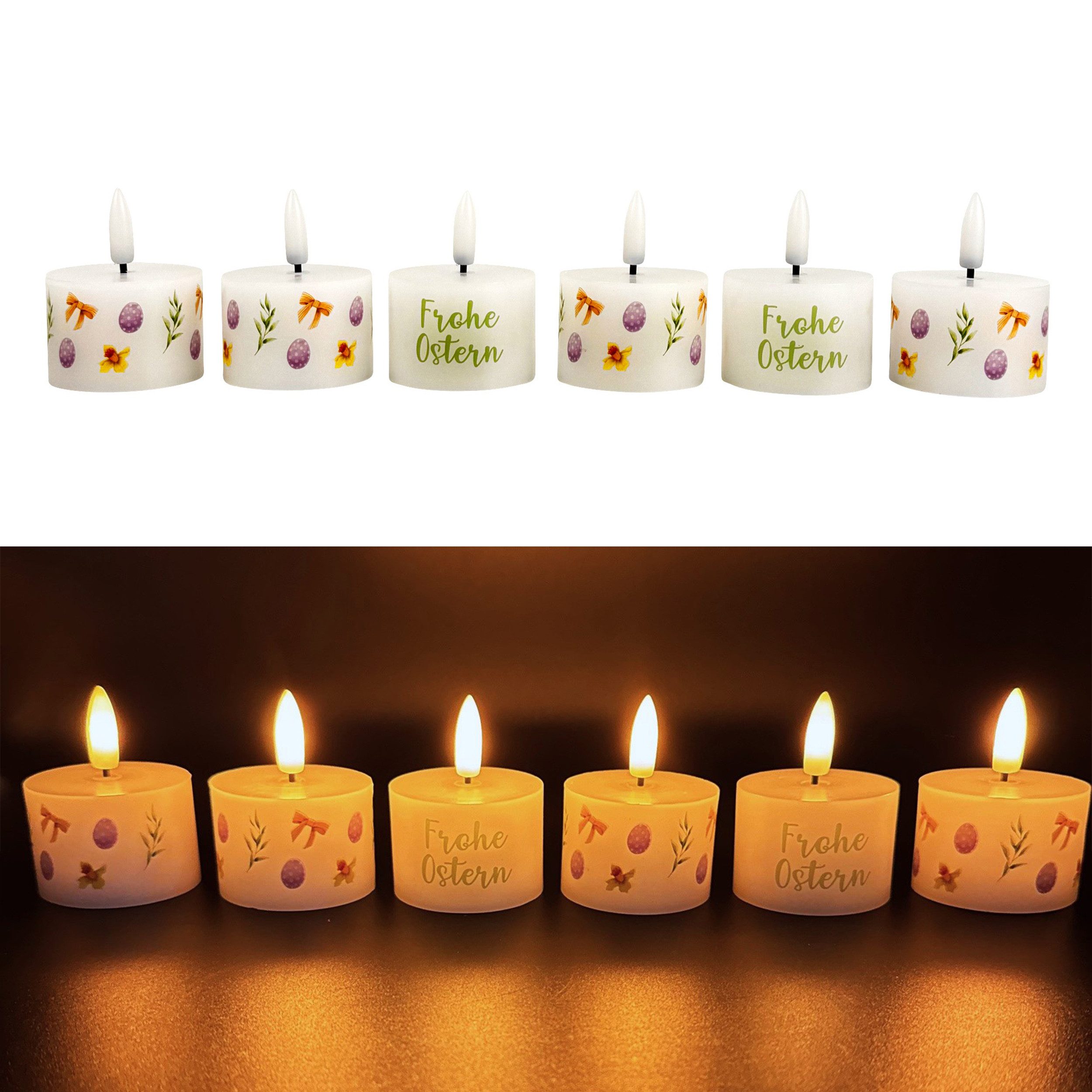 Online-Fuchs LED-Kerze - 6 LED-Teelichter mit Timer im Frühling-Design - Osterdeko (realistische Kerzenflamme, inklusive Geschenkverpackung), inklusive praktischer 6-Stunden Timerfunktion