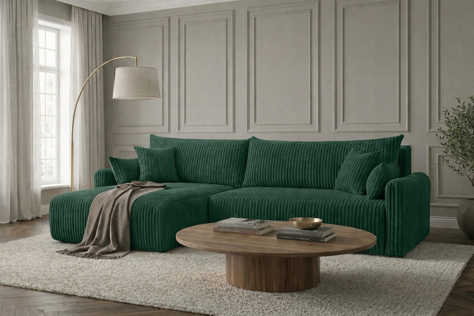Kaiser Möbel Ecksofa mit Schlaffunktion für Wohnzimmer, Cordstoff Tilia, JAPANDI, Japandi-Stil, Abgerundete Form, Cordstoff mit hoher Abriebfestigkeit