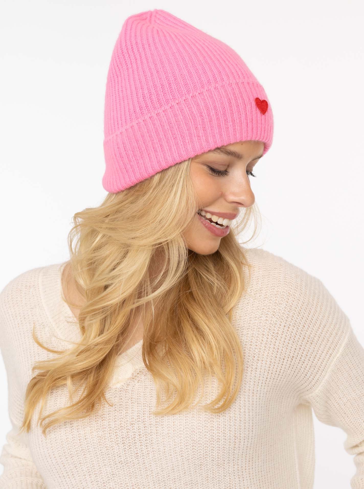 Zwillingsherz Beanie Beanie with Heart-Patch Rippstrick, mit breitem Umschlag, wärmend