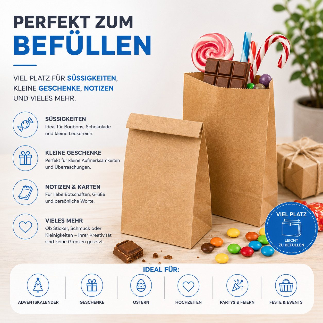Bastelfreund® DIY-Adventskalender 50x Braune Kraftpapiertüten 210x140 mm Beutel Müllsack Biomülleimer (50er Set, 50-tlg)