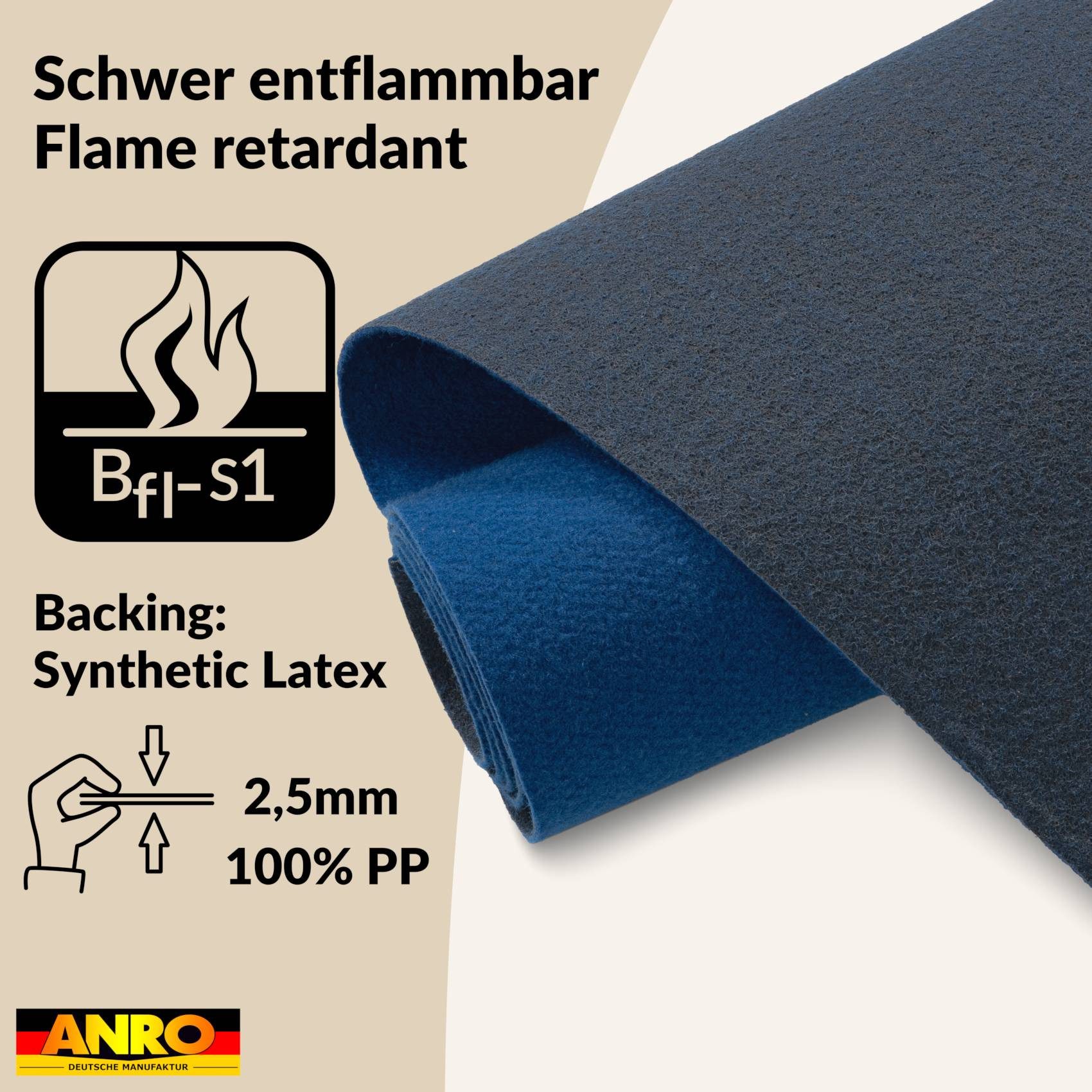ANRO Teppich AXEL Eventteppich BFl-S1 Uni Messeteppich Läufer, Rechteckig, Höhe: 3 mm, schwer entflammbar Läufer 100x60cm Einfarbig Blau – Bild 2 von 5