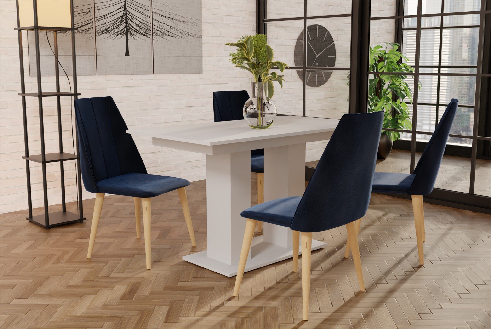 Weiß Stühlen ausziehbarer Fun und Essgruppe CAROS Dunkelblau mit Möbel DANTE Essgruppe Tisch (5-tlg), 4 matt, Tisch