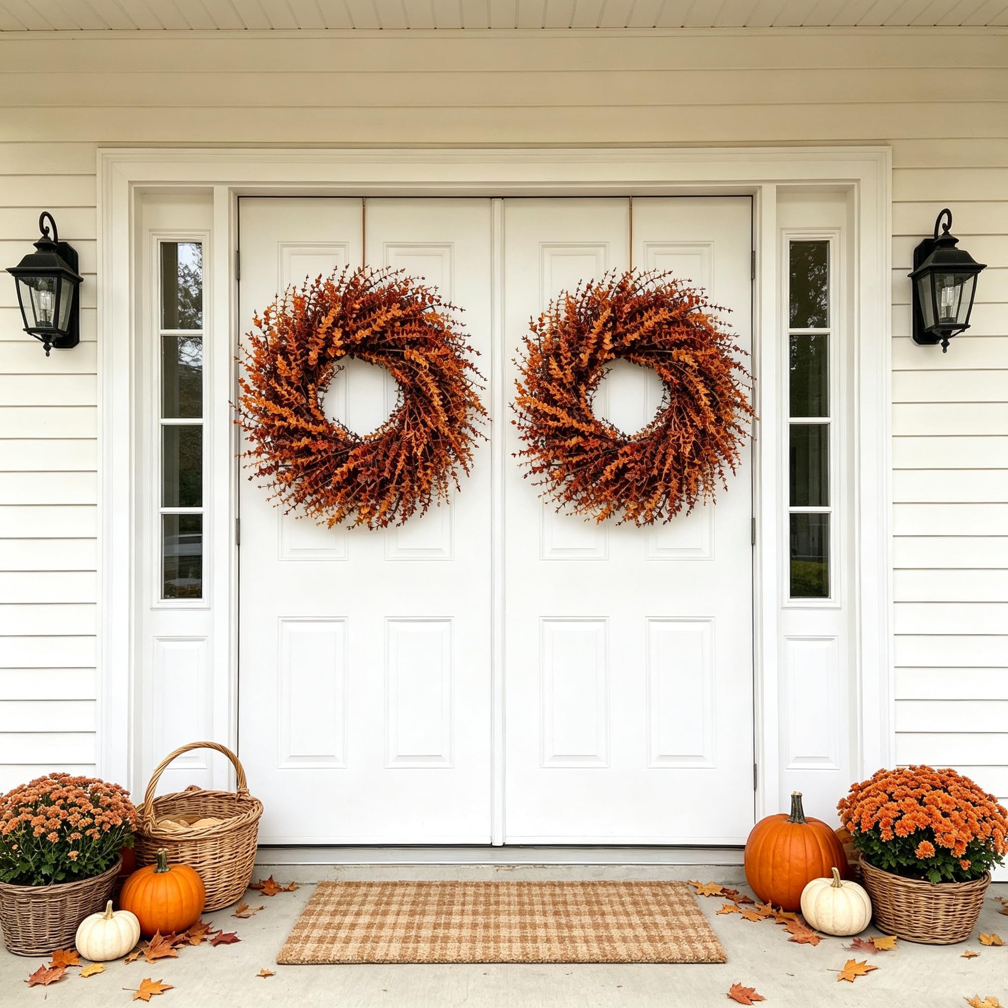Sorvyzxn Dekokranz Großer künstlicher Eukalyptus-Herbstkranz (70 cm, Herbst-Orange), Künstlicher Herbstkranz Deko für Thanksgiving, Landhausstil – Bild 3 von 5
