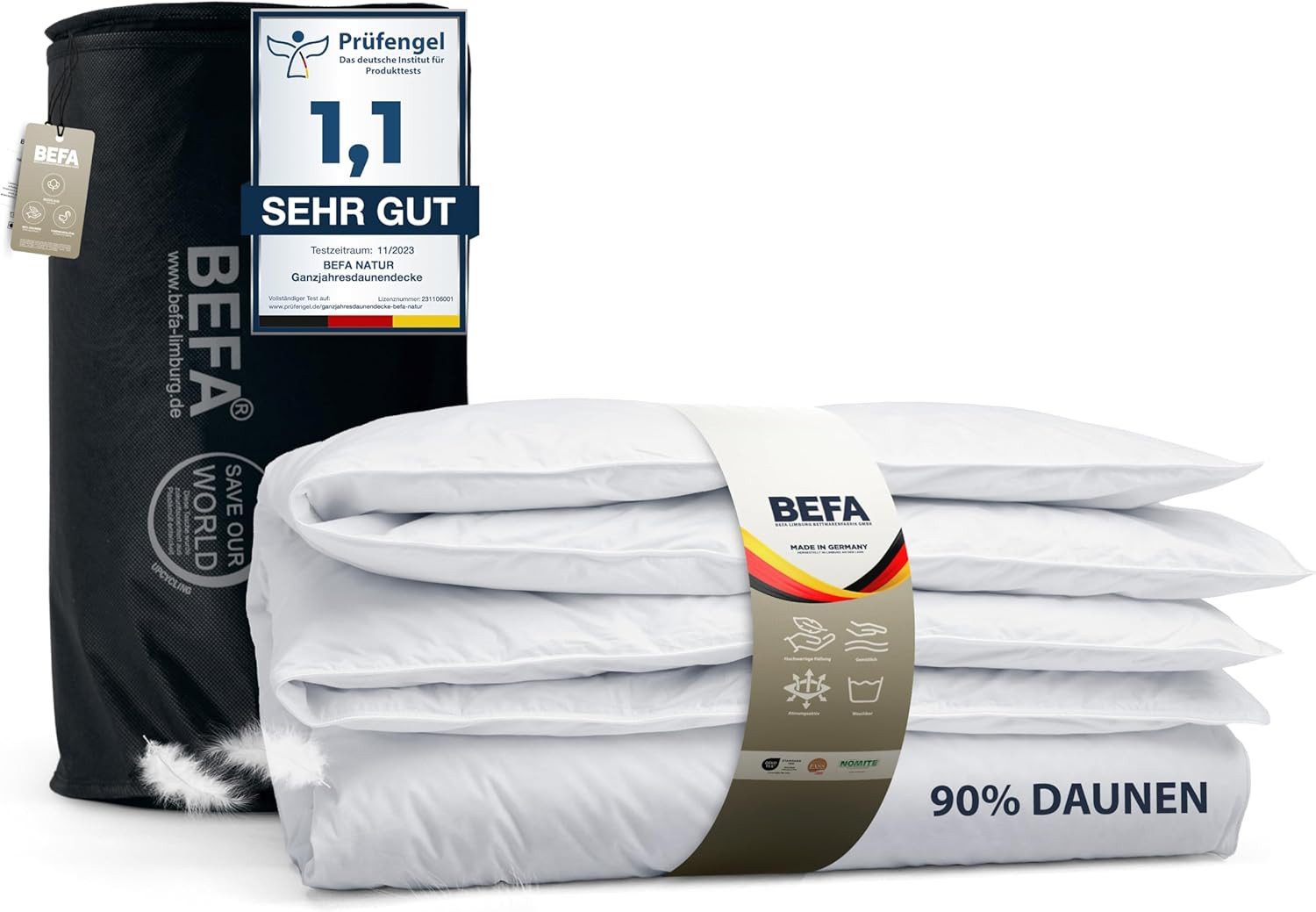 BEFA NATUR Daunenbettdecke 4-Jahreszeitendecke, Premium-Ganzjahresdecke - Perfekt als Sommerdecke, Füllung: 90% Daunen, 10% Federn, Made in Germany - Bettdecke 135x200, 155x220, 200x200
