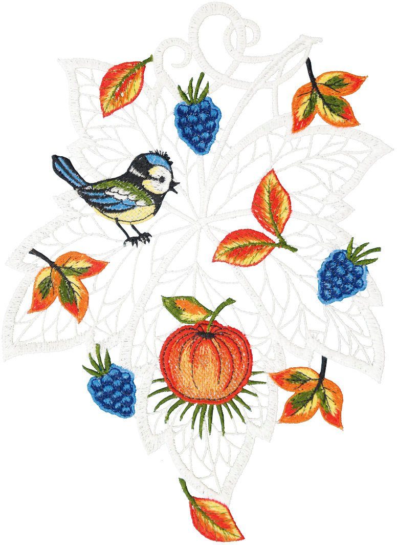 W. Reuter & Sohn - Plauener Spitze® Fensterbild Fensterbild "Herbstblatt mit Vogel" farbig